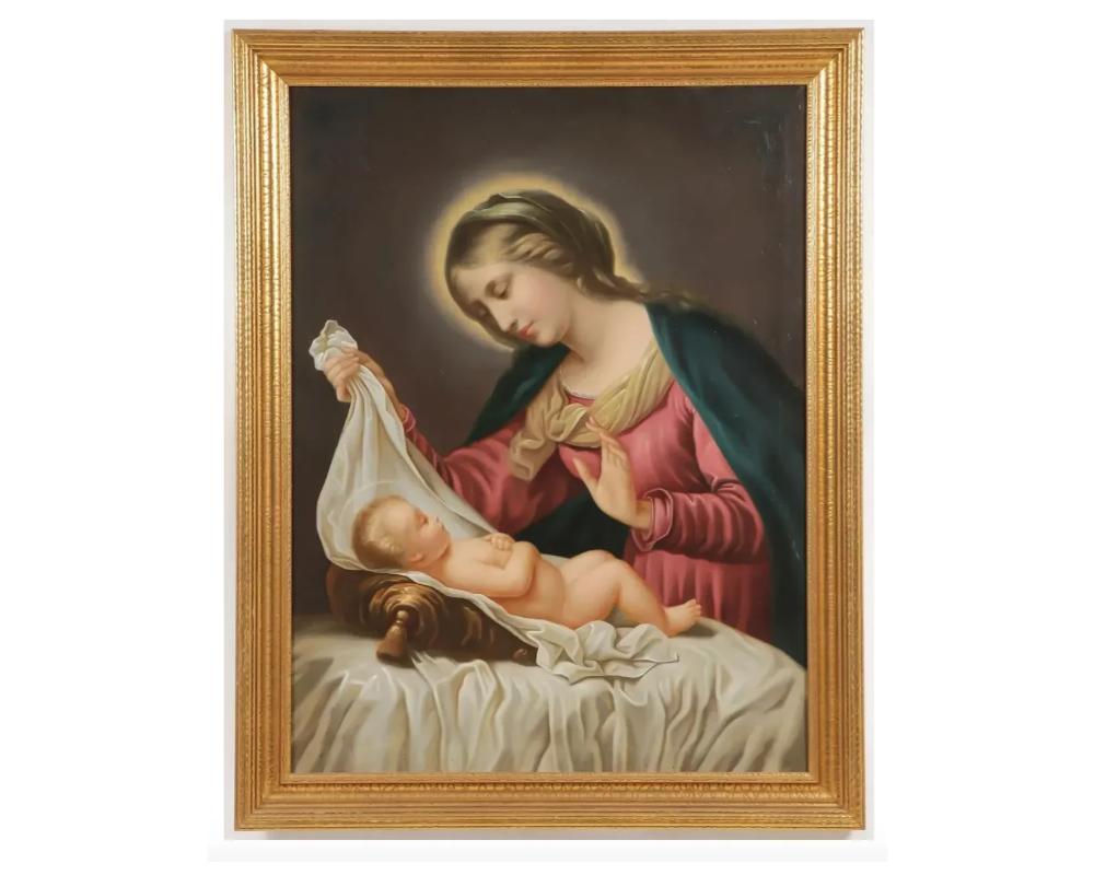 North American Large 19th Century Oil on Canvas Madonna and Child Painting