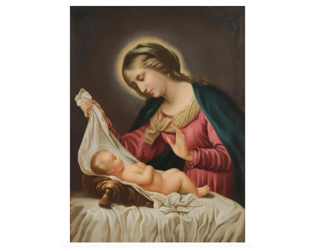 Large 19th Century Oil on Canvas Madonna and Child Painting In Good Condition In New York, NY