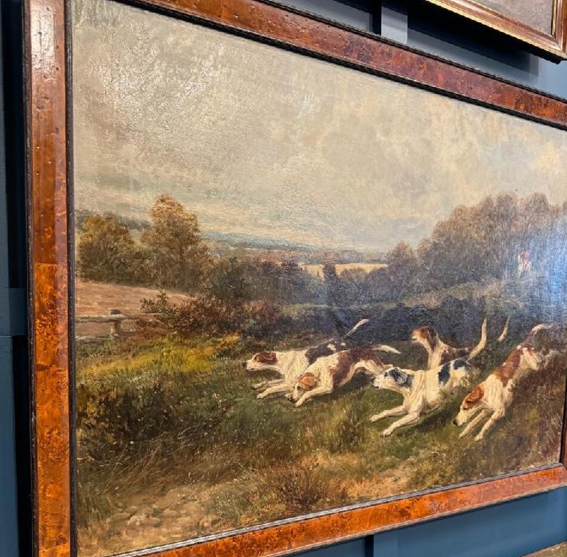 Large 19th Century Oil on Canvas Painting Depicting Hound Dogs by Joseph Dunn. Titled 