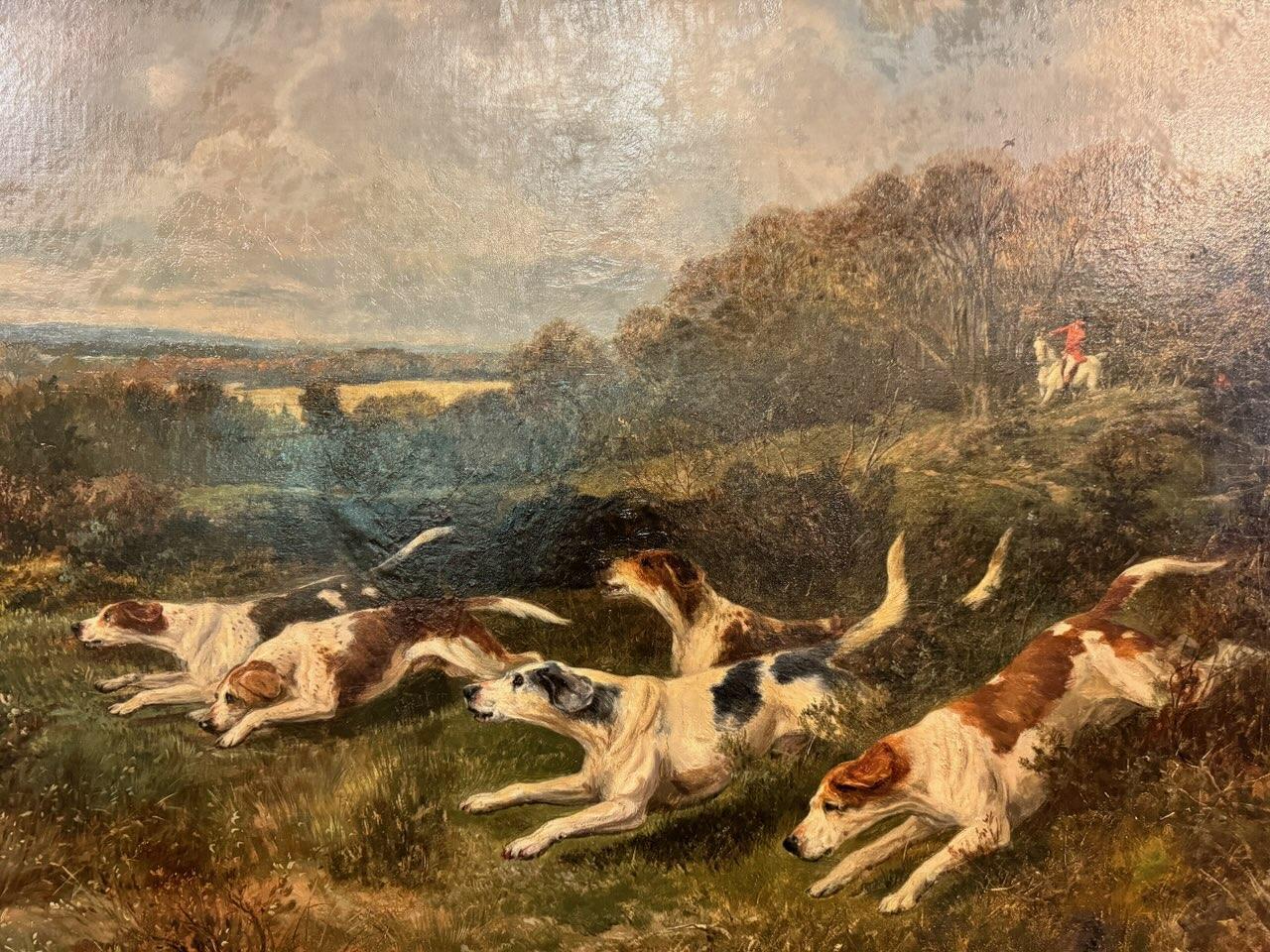 Hand-Painted Large 19th Century Oil on Canvas Painting Depicting Hound Dogs by Joseph Dunn For Sale