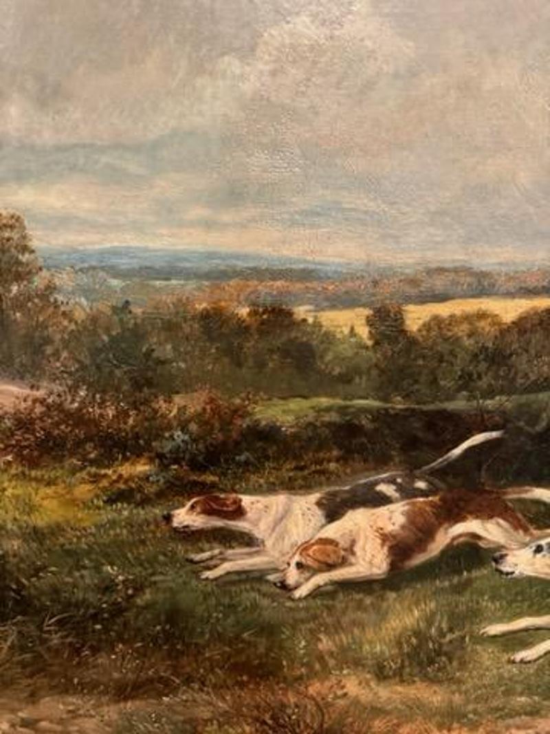 Large 19th Century Oil on Canvas Painting Depicting Hound Dogs by Joseph Dunn In Good Condition For Sale In Middleburg, VA
