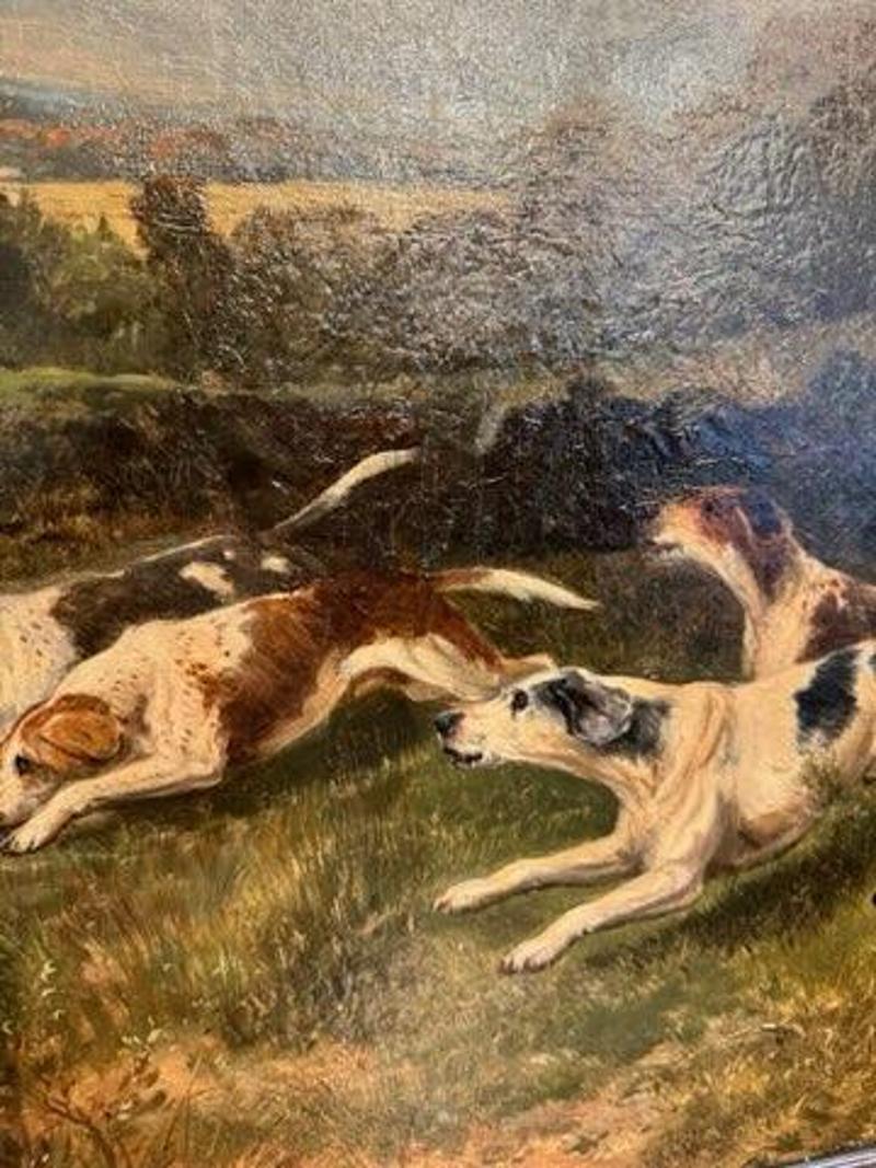 Large 19th Century Oil on Canvas Painting Depicting Hound Dogs by Joseph Dunn For Sale 1