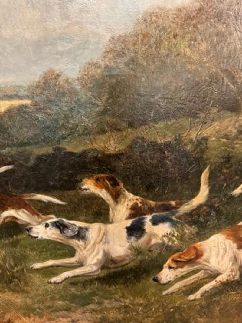 Large 19th Century Oil on Canvas Painting Depicting Hound Dogs by Joseph Dunn For Sale 2