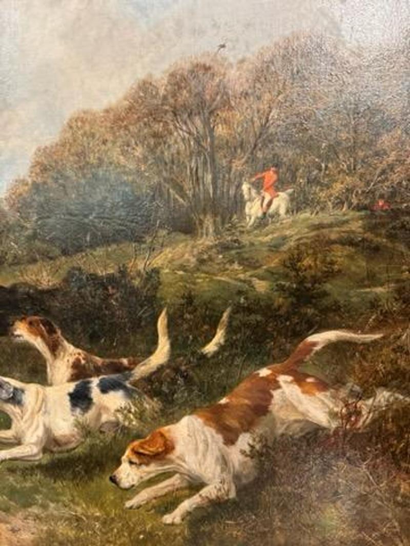 Large 19th Century Oil on Canvas Painting Depicting Hound Dogs by Joseph Dunn For Sale 3