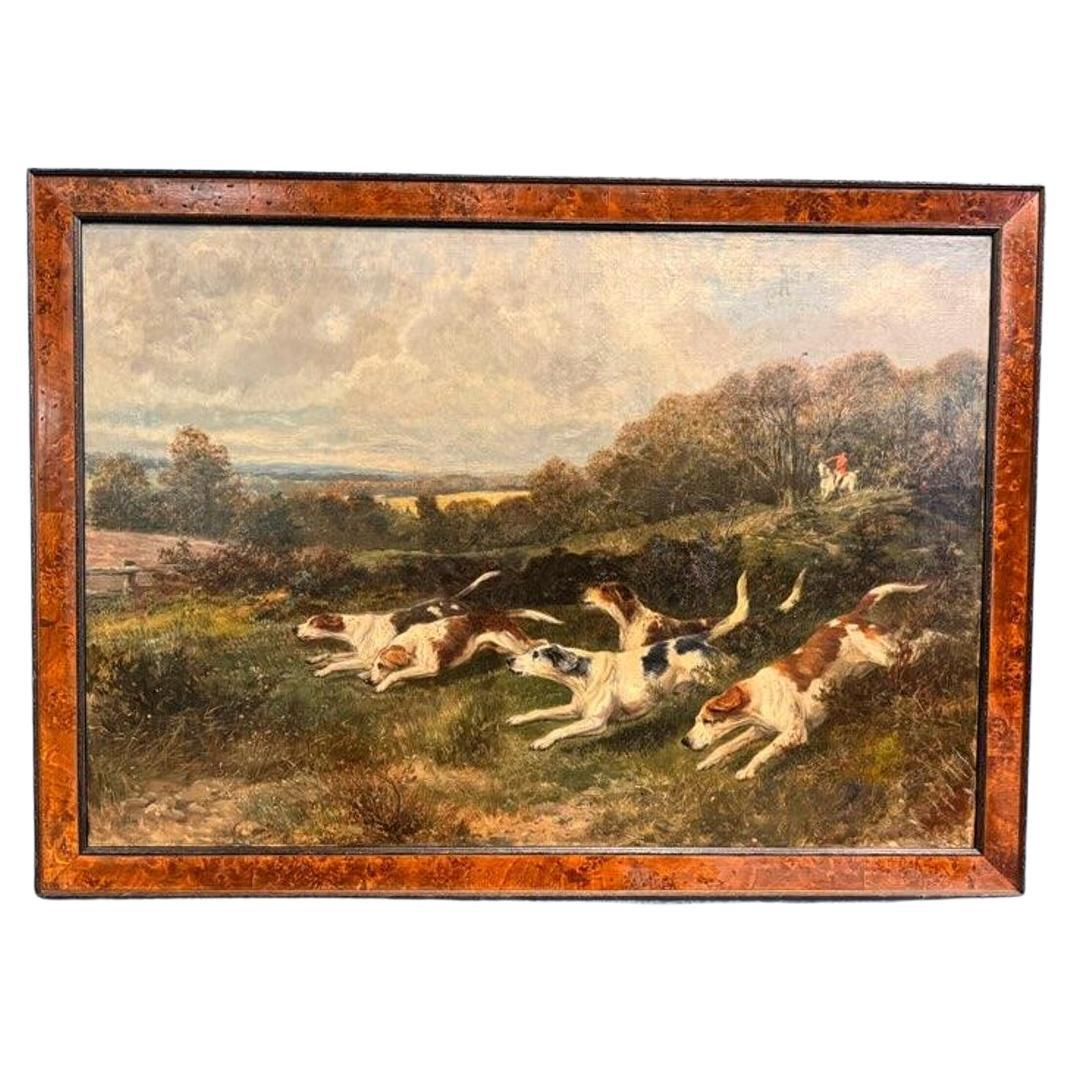 Grande peinture à l'huile sur toile du 19ème siècle représentant des chiens de chasse par Joseph Dunn