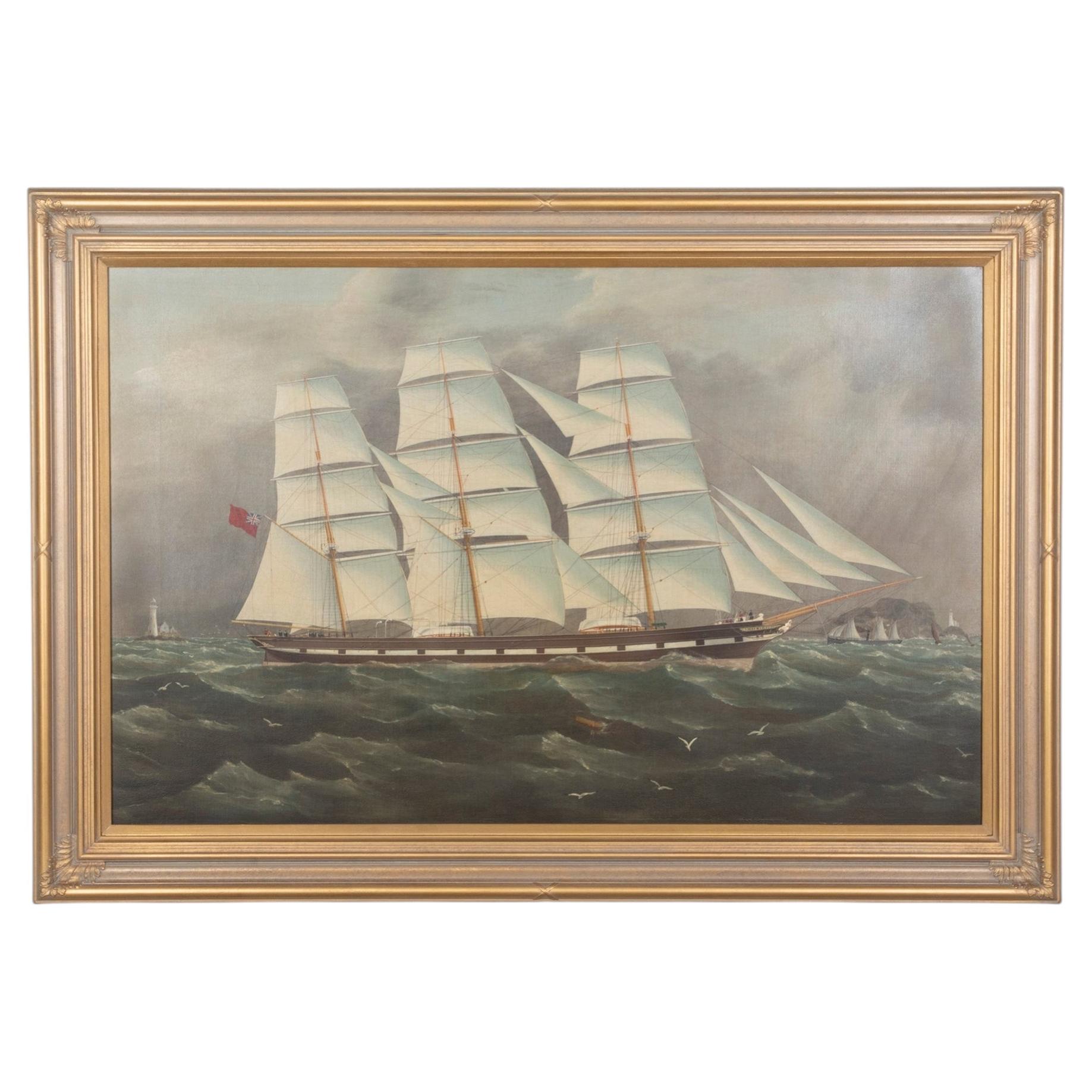 Large 19th Century Oil on Canvas Painting Sailing Ship 1868 by J Miller
