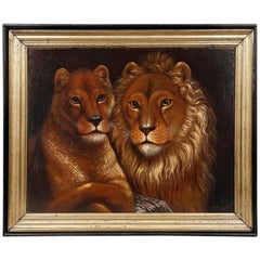 Large 19th Century Oil Painting of a Lion and Lioness by P. de Clercq