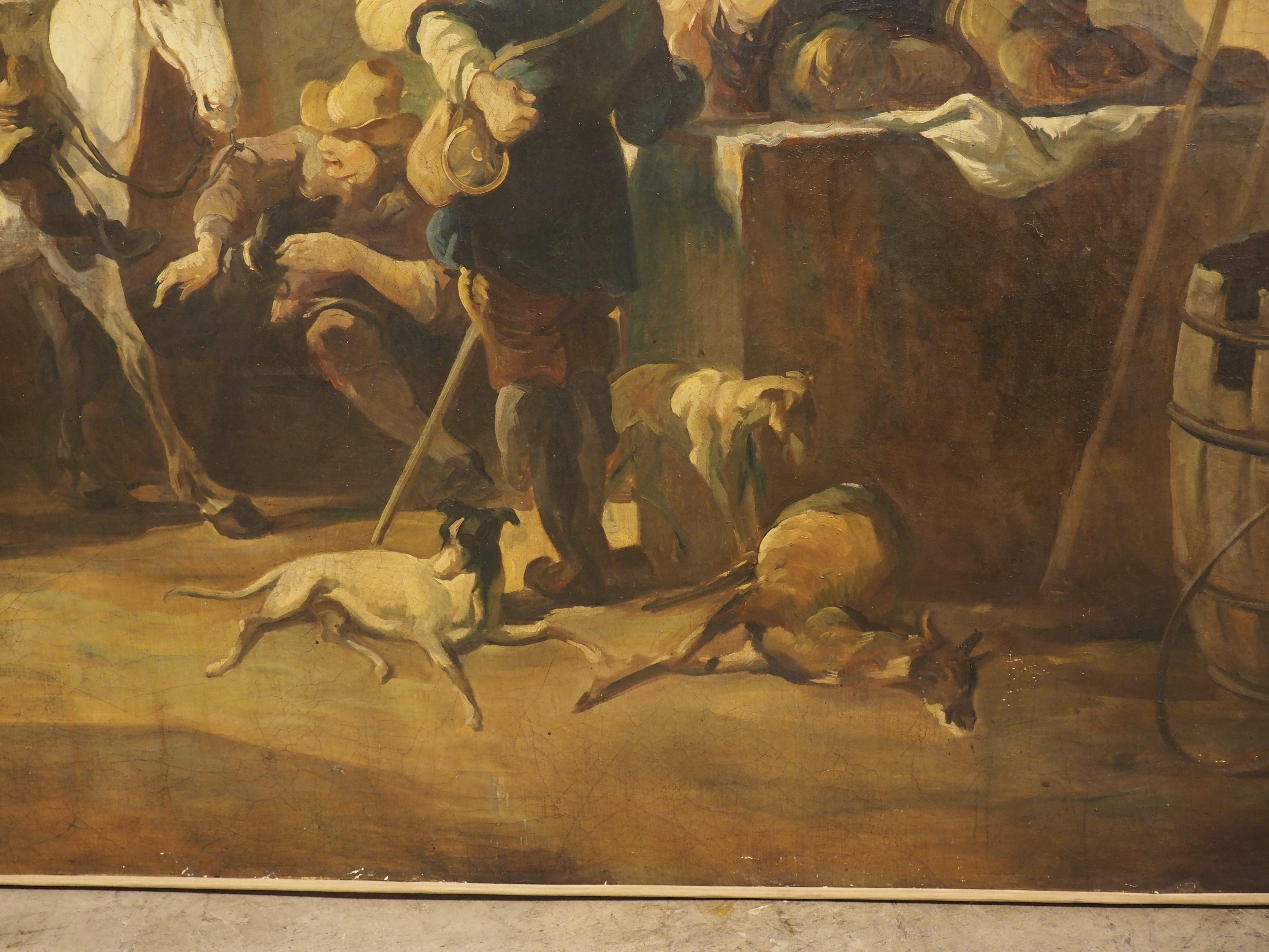 Large 19th Century Oil Painting, The Return of The Hunt, after Nicolaes Berchem In Good Condition For Sale In Dallas, TX