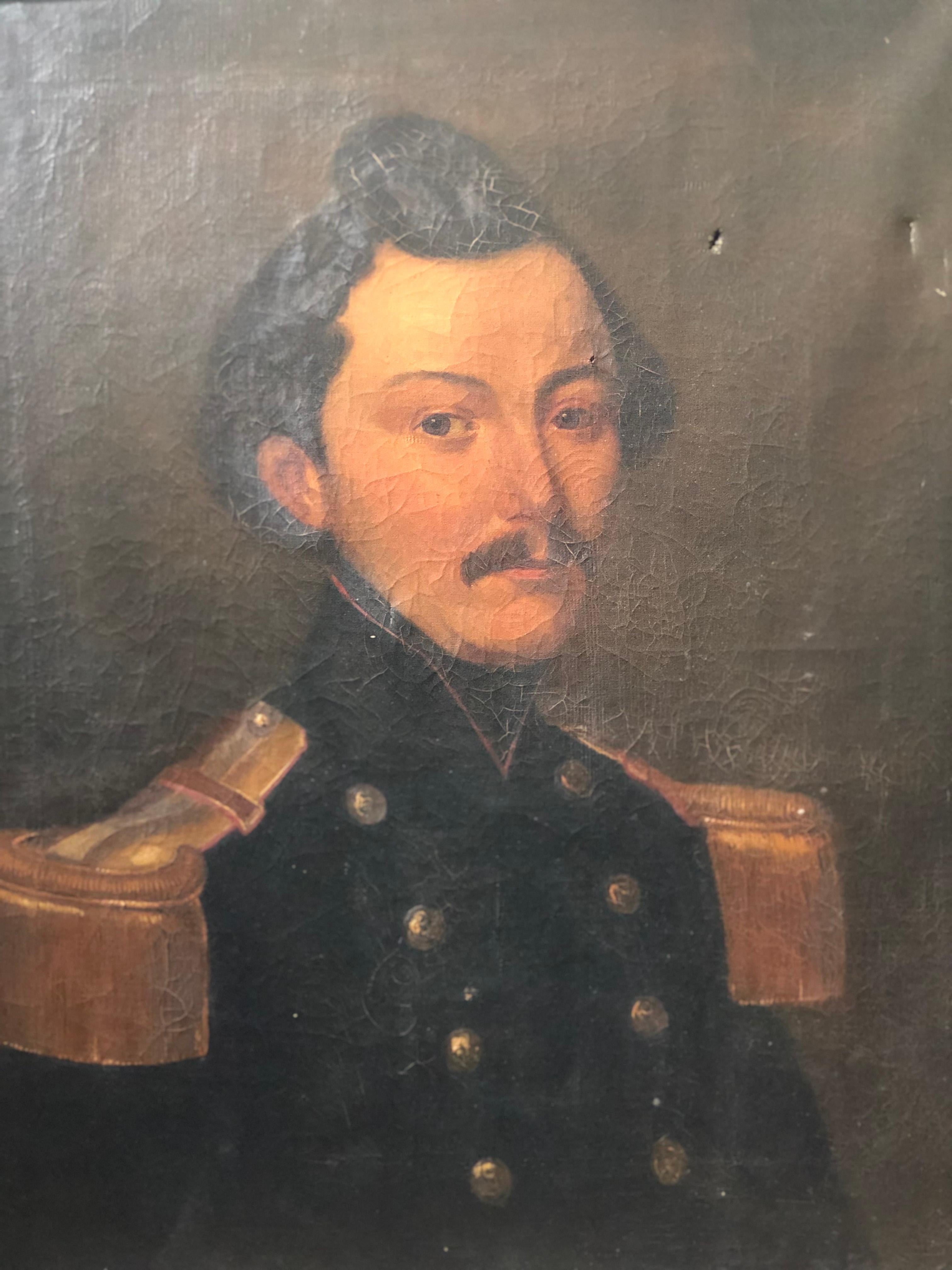 A beautiful large dark European oil portrait painting 19th century. Portrait of an European officer posing. 
An authentic striking piece that will enhance every room. The weathered painting has an original beautiful brass gold wooden frame and is