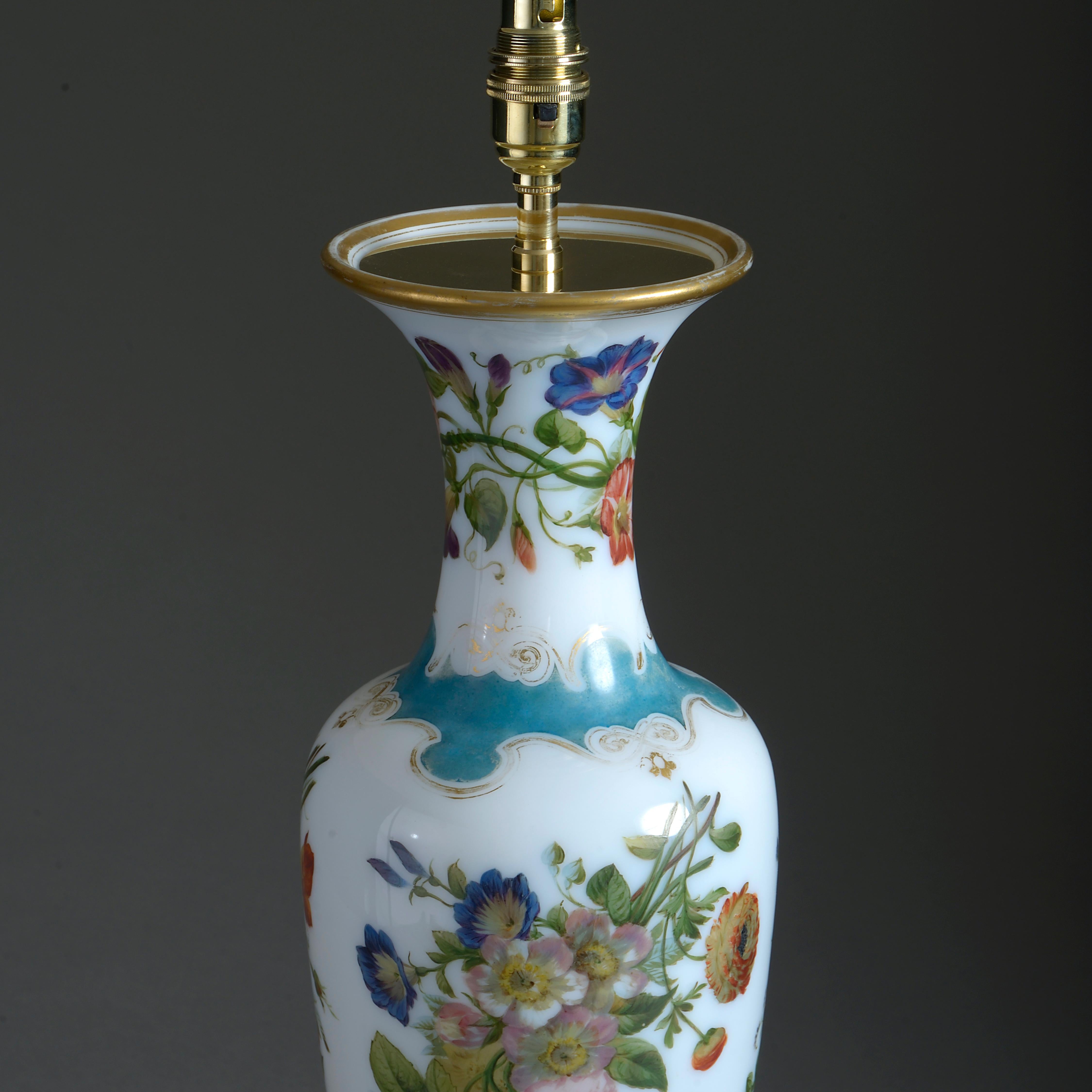 Hand-Painted Large 19th Century Opaline Vase Lamp