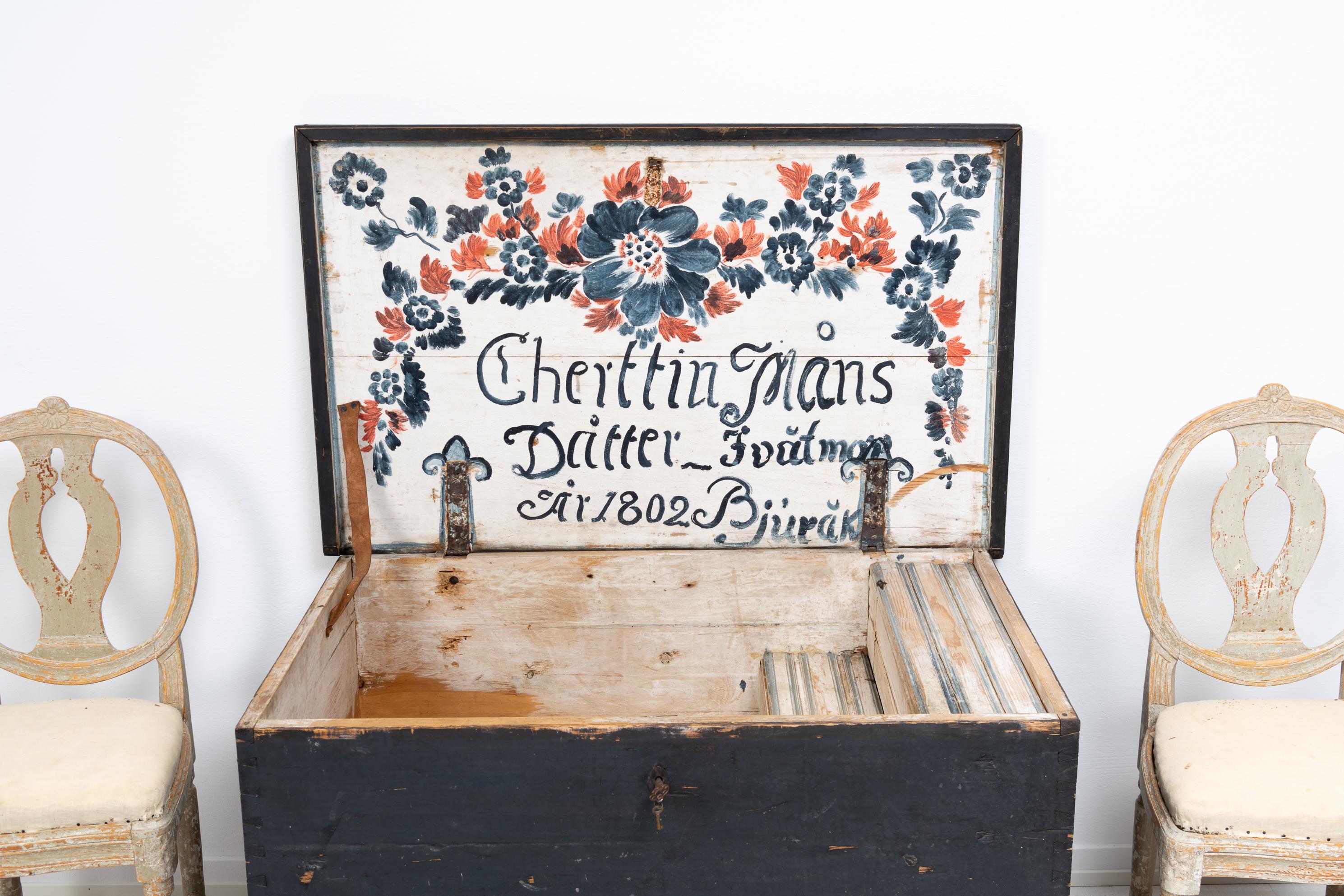 Folk Art Large 19th Century Original Swedish Painted Hope Chest For Sale