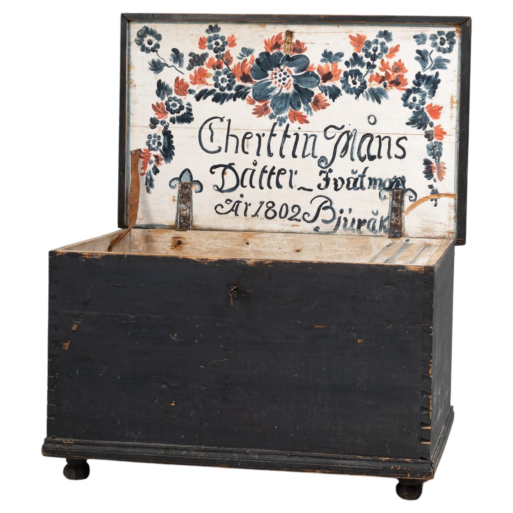 Large 19th Century Original Swedish Painted Hope Chest For Sale
