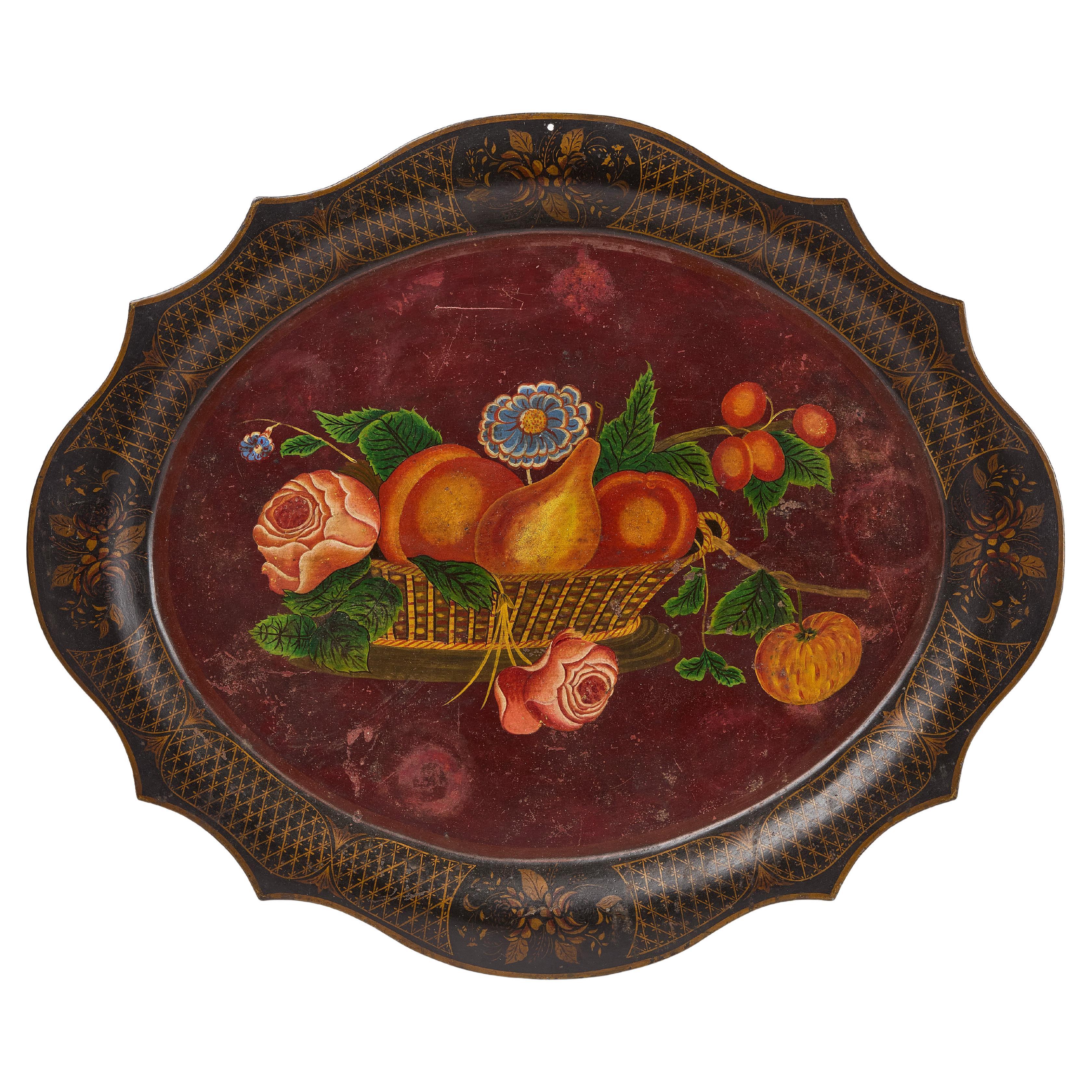 Gran bandeja de tole del siglo XIX decorada con pintura