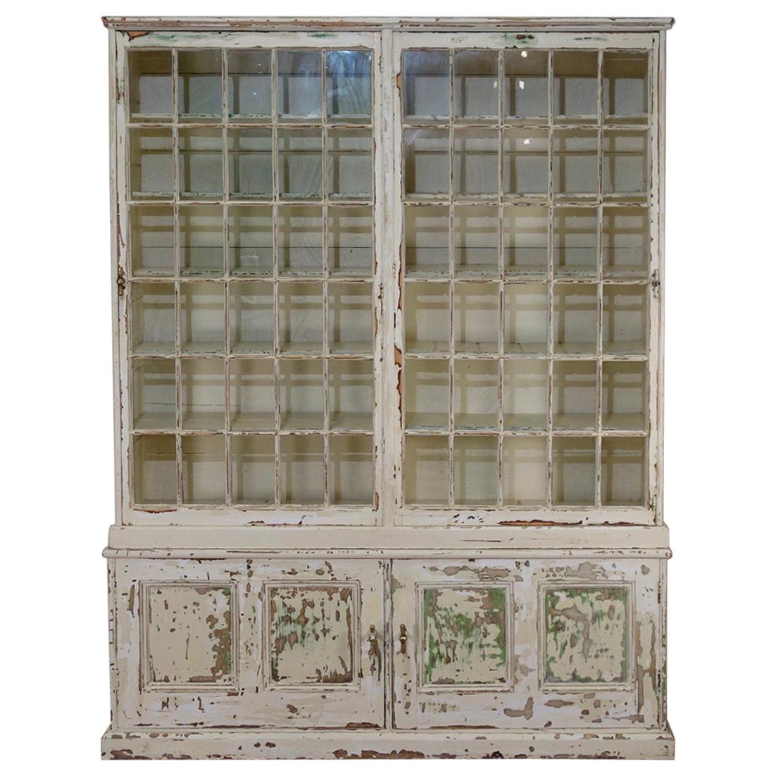 A Large 19th Century French Original Painted Glazed Bookcase Cabinet - White 
