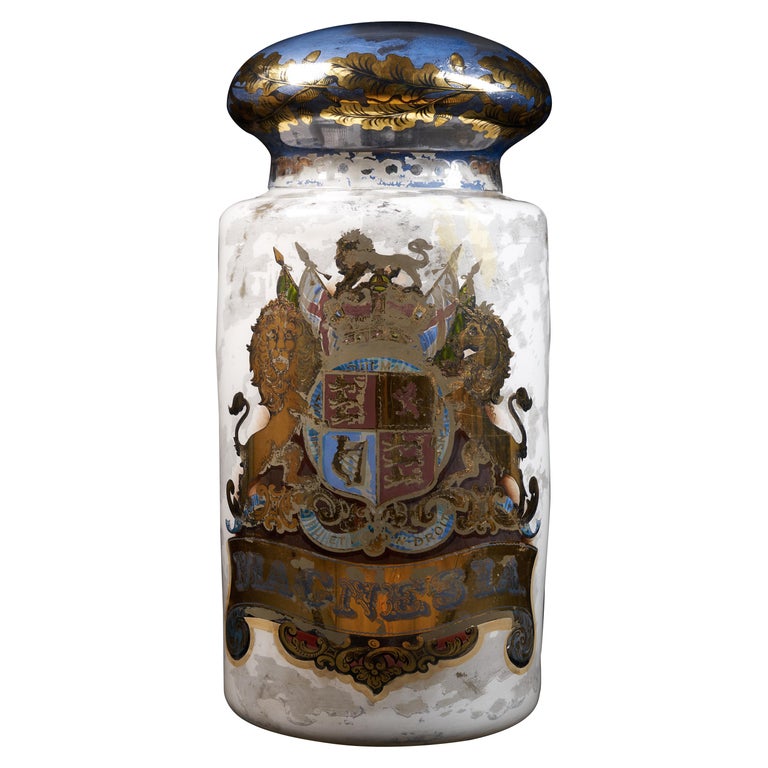 Large 19th Century Pharmacy Reversed Painted Display Dispensing Jar For Sale
