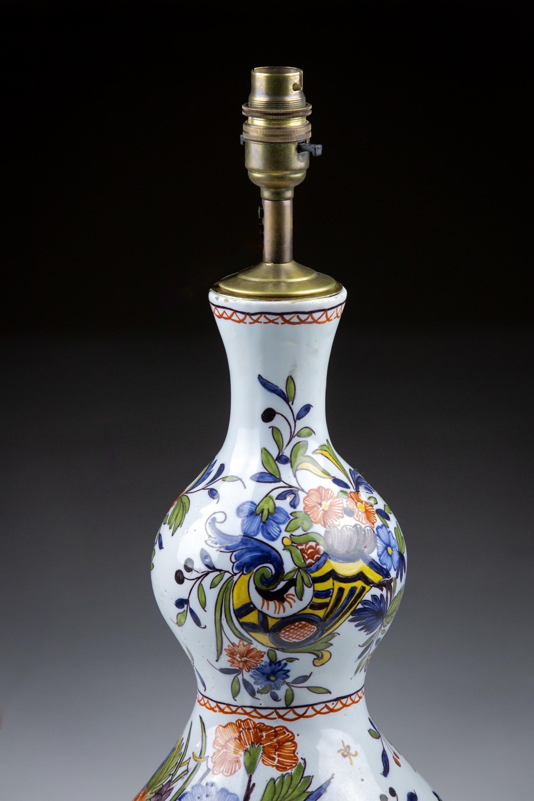 Large 19th Century Polychromed Desvres Delft Vase Lamp 1