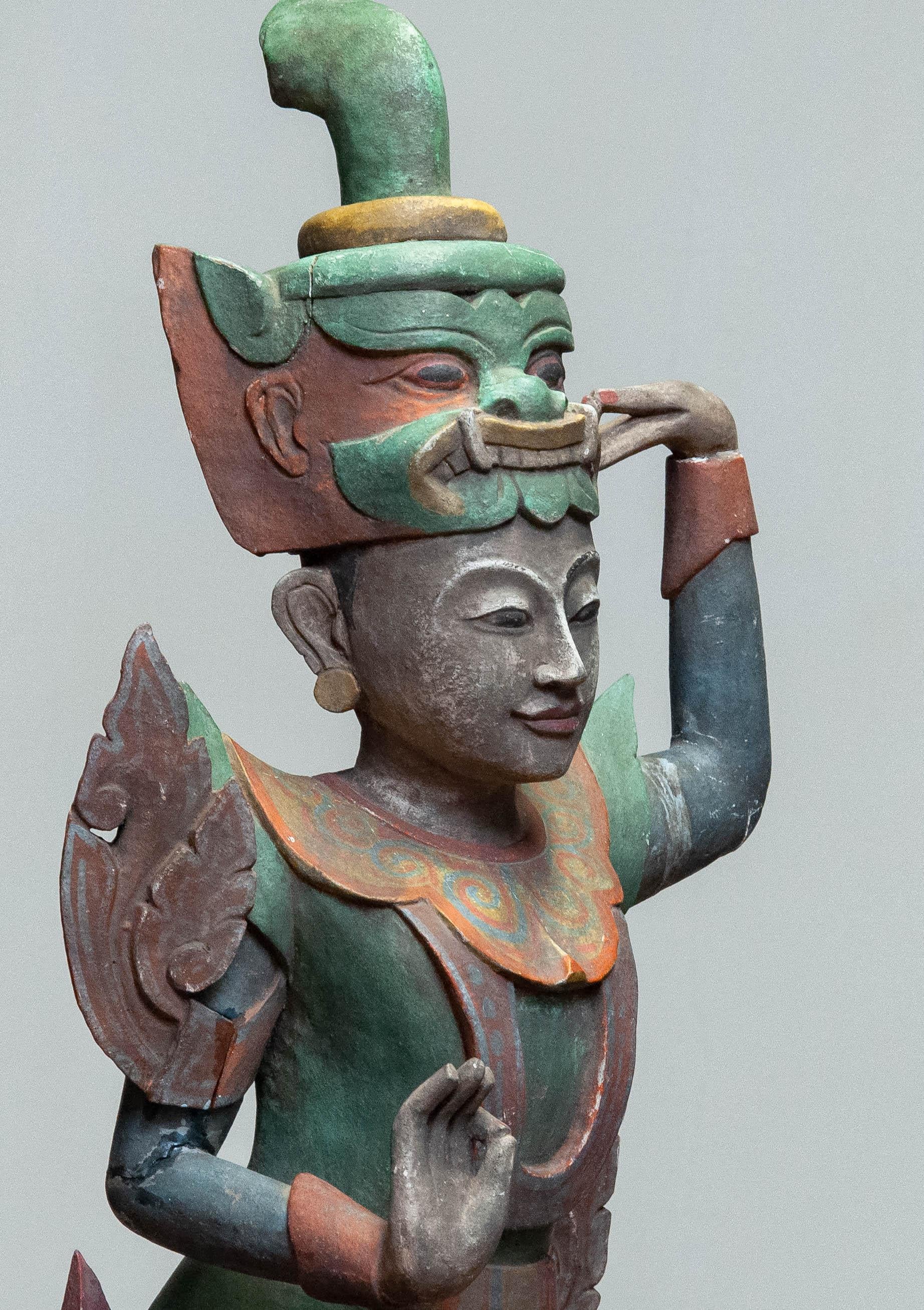 Large 19th Century Polychromed Statue of a Burmese Nat Temple Dancer For Sale 5