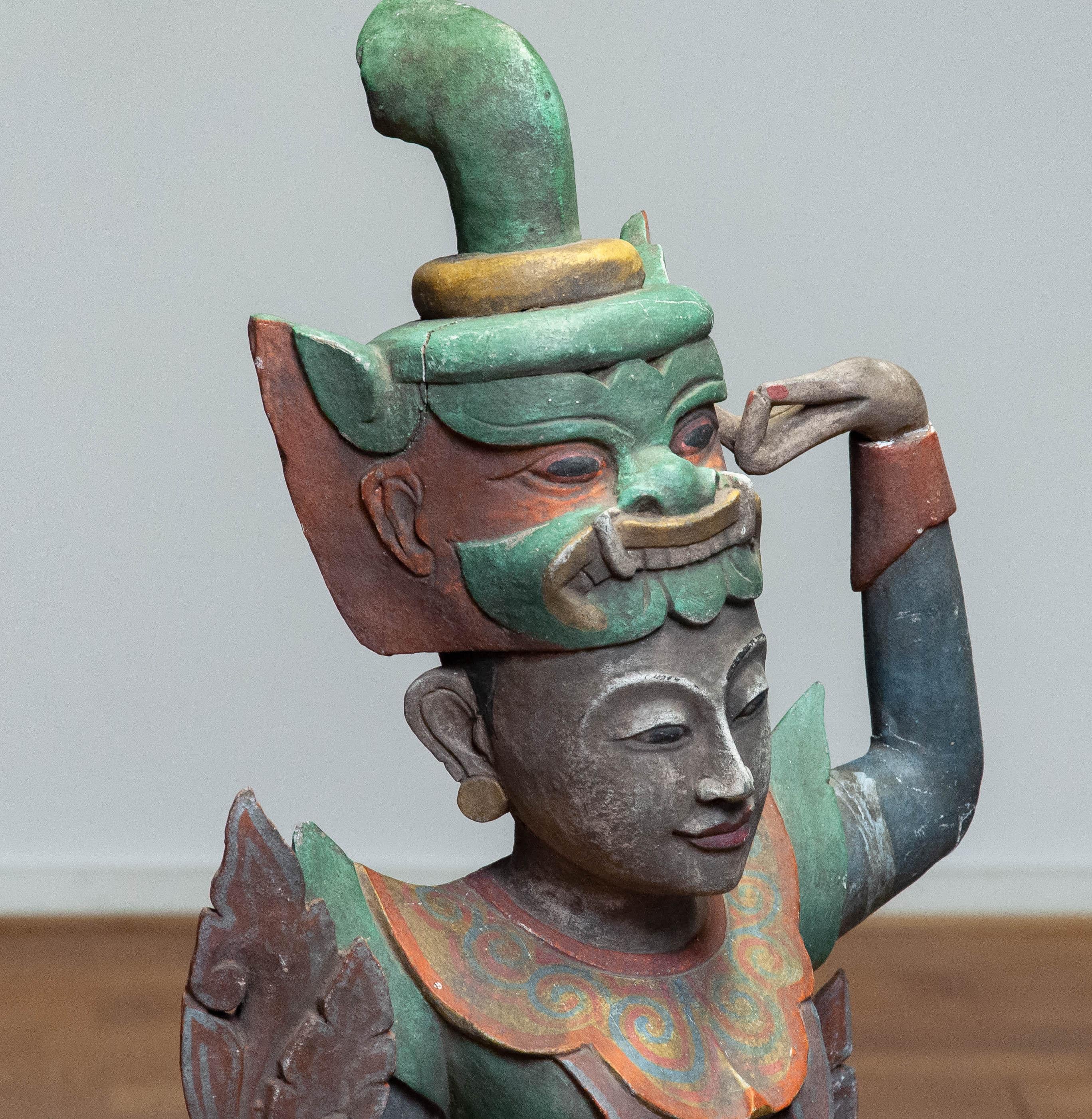 Large 19th Century Polychromed Statue of a Burmese Nat Temple Dancer For Sale 8