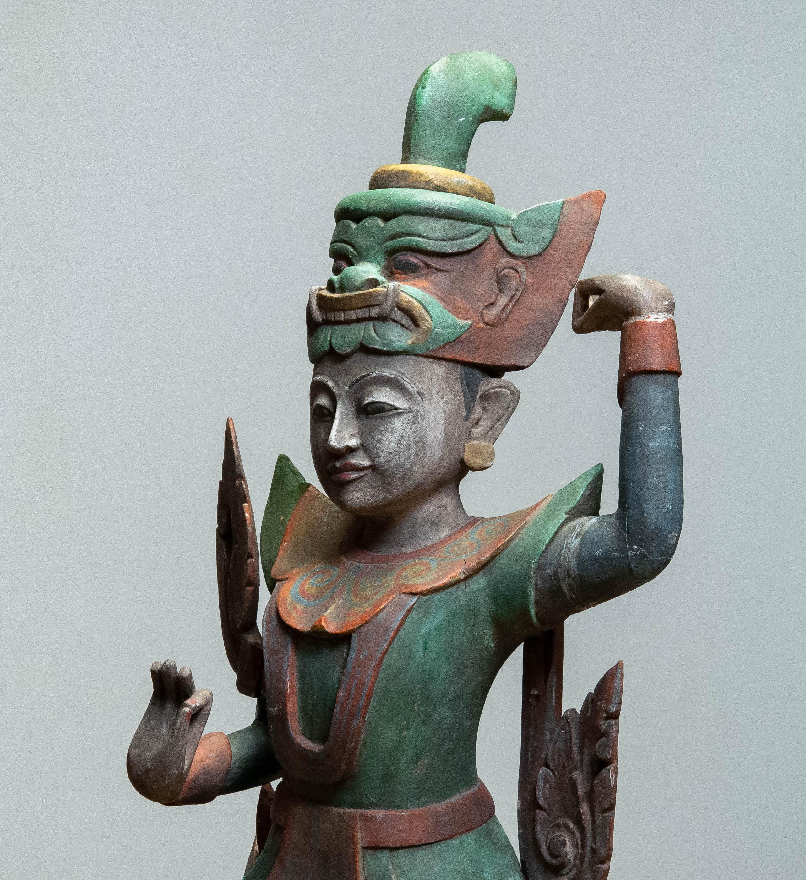 Hand-Carved Large 19th Century Polychromed Statue of a Burmese Nat Temple Dancer For Sale