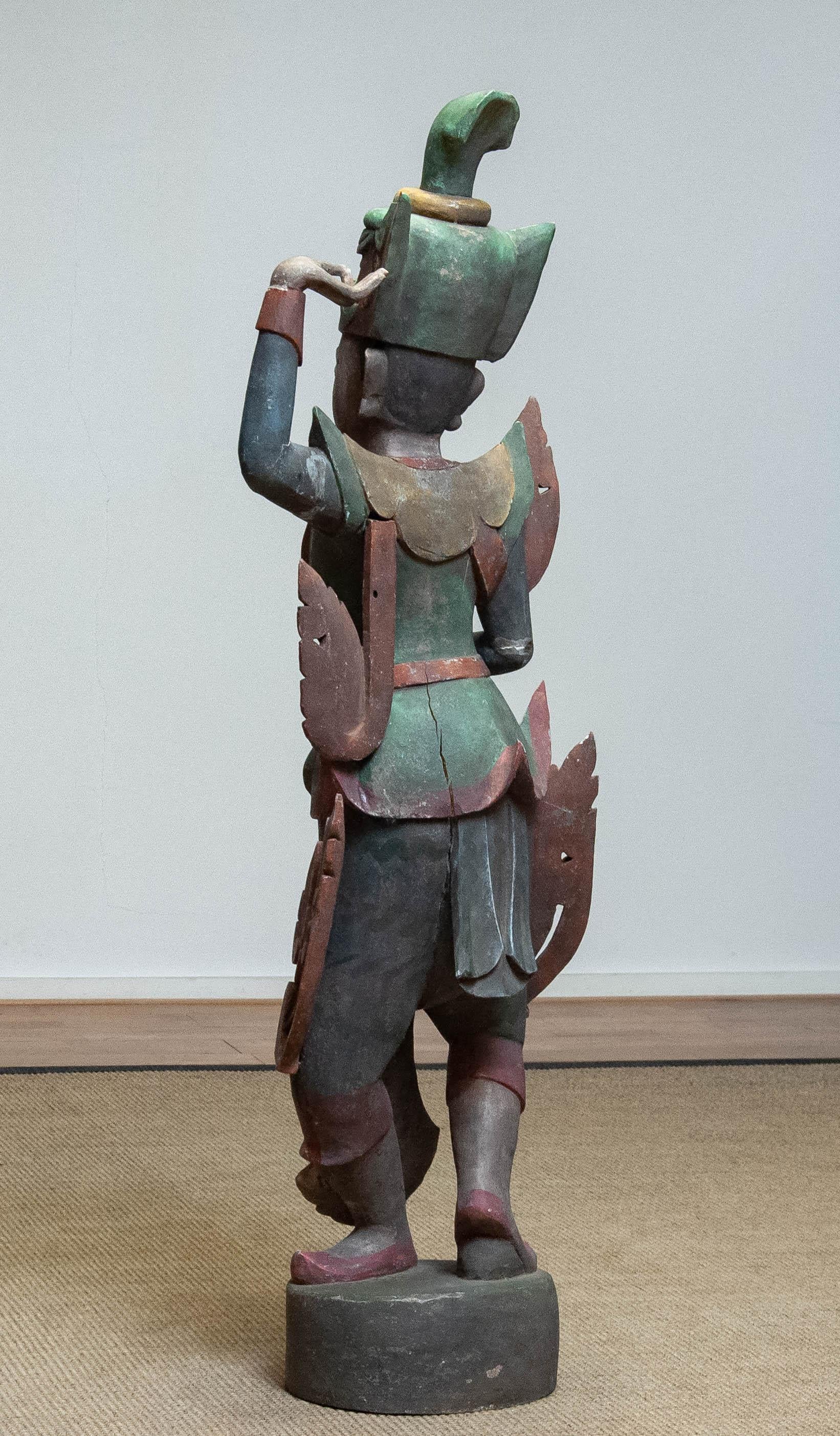 Hand-Carved Large 19th Century Polychromed Statue of a Burmese Nat Temple Dancer For Sale