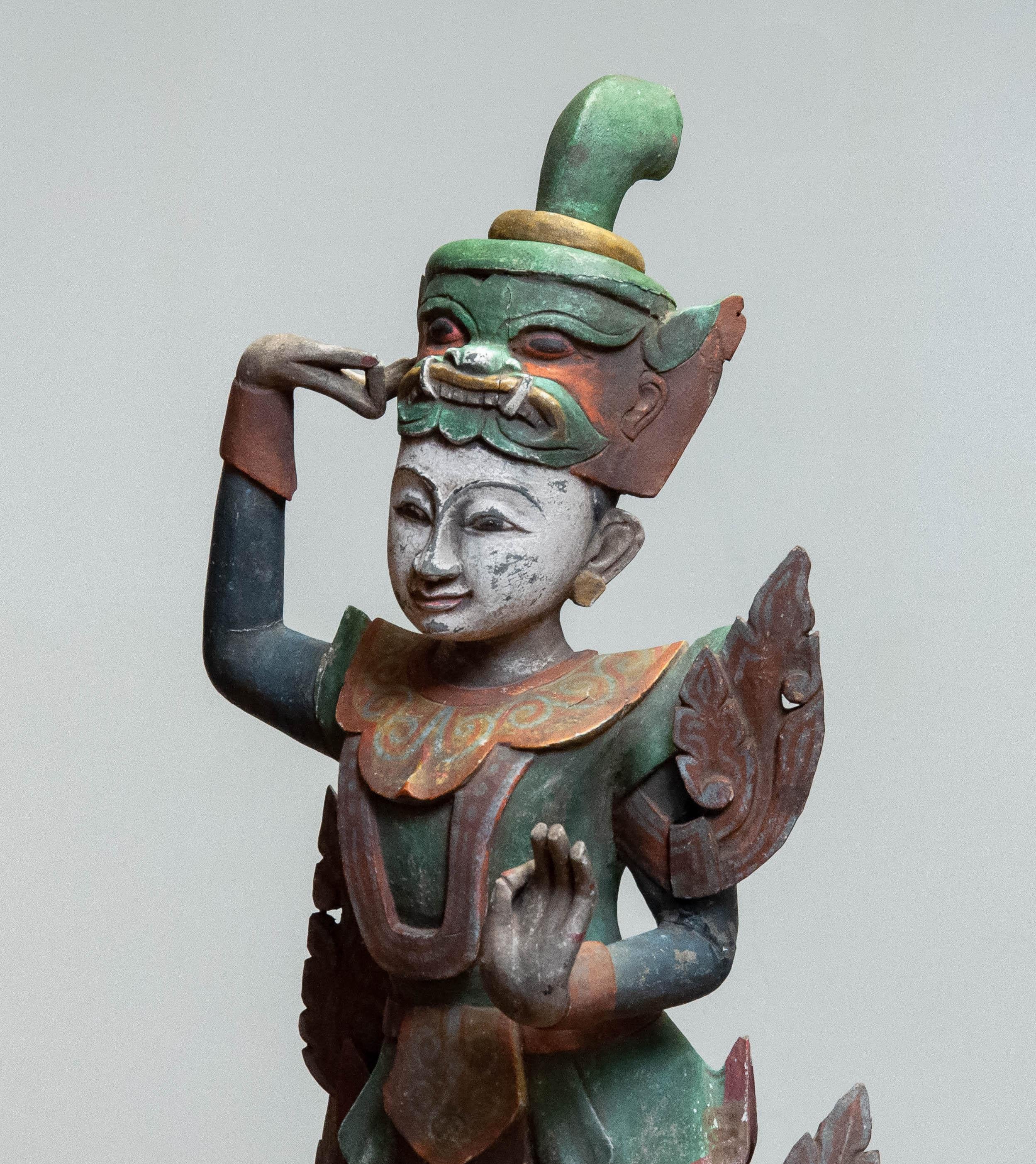 Hand-Carved Large 19th Century Polychromed Statue of a Burmese Nat Temple Dancer For Sale