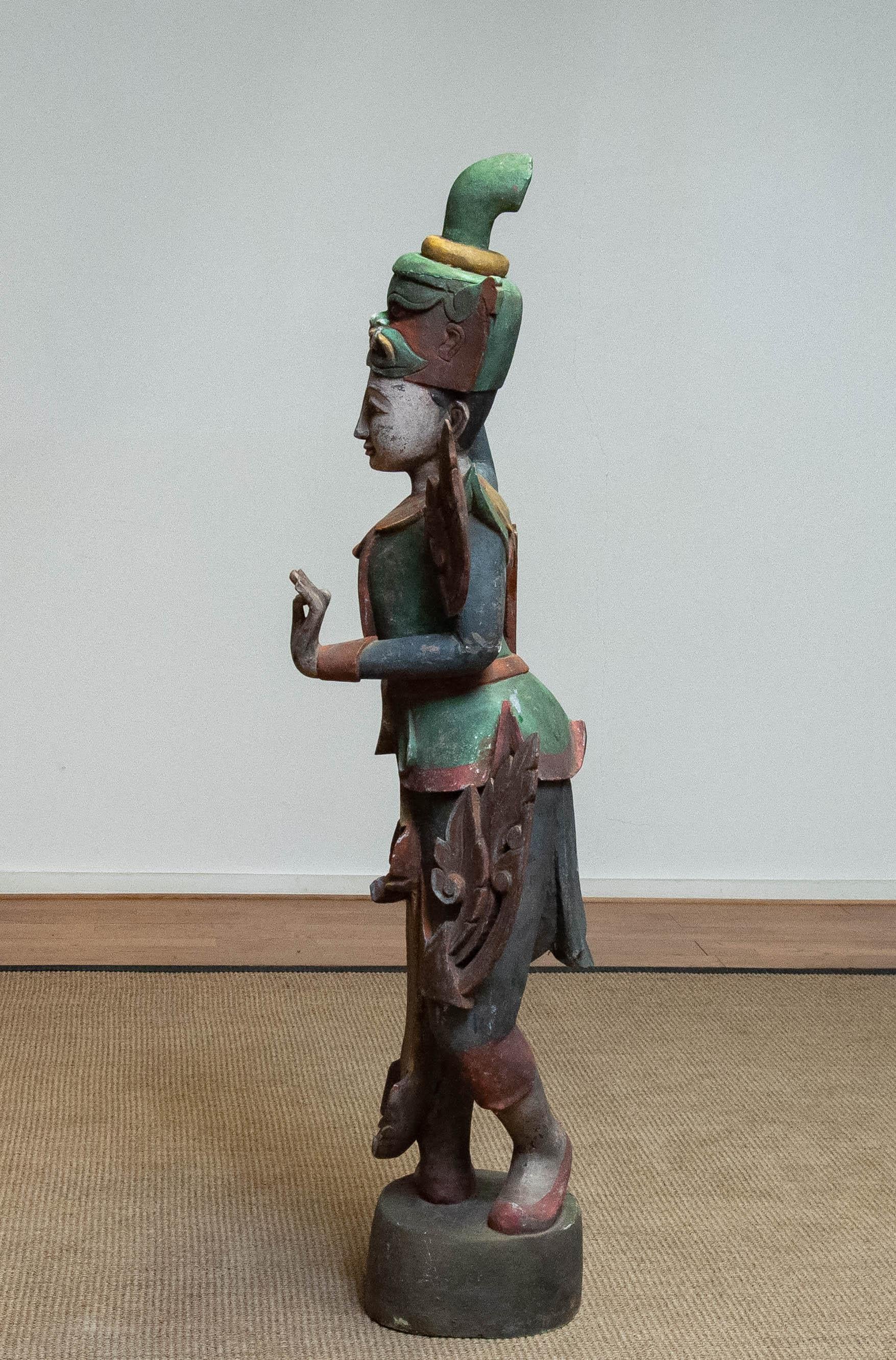 Teak Large 19th Century Polychromed Statue of a Burmese Nat Temple Dancer For Sale