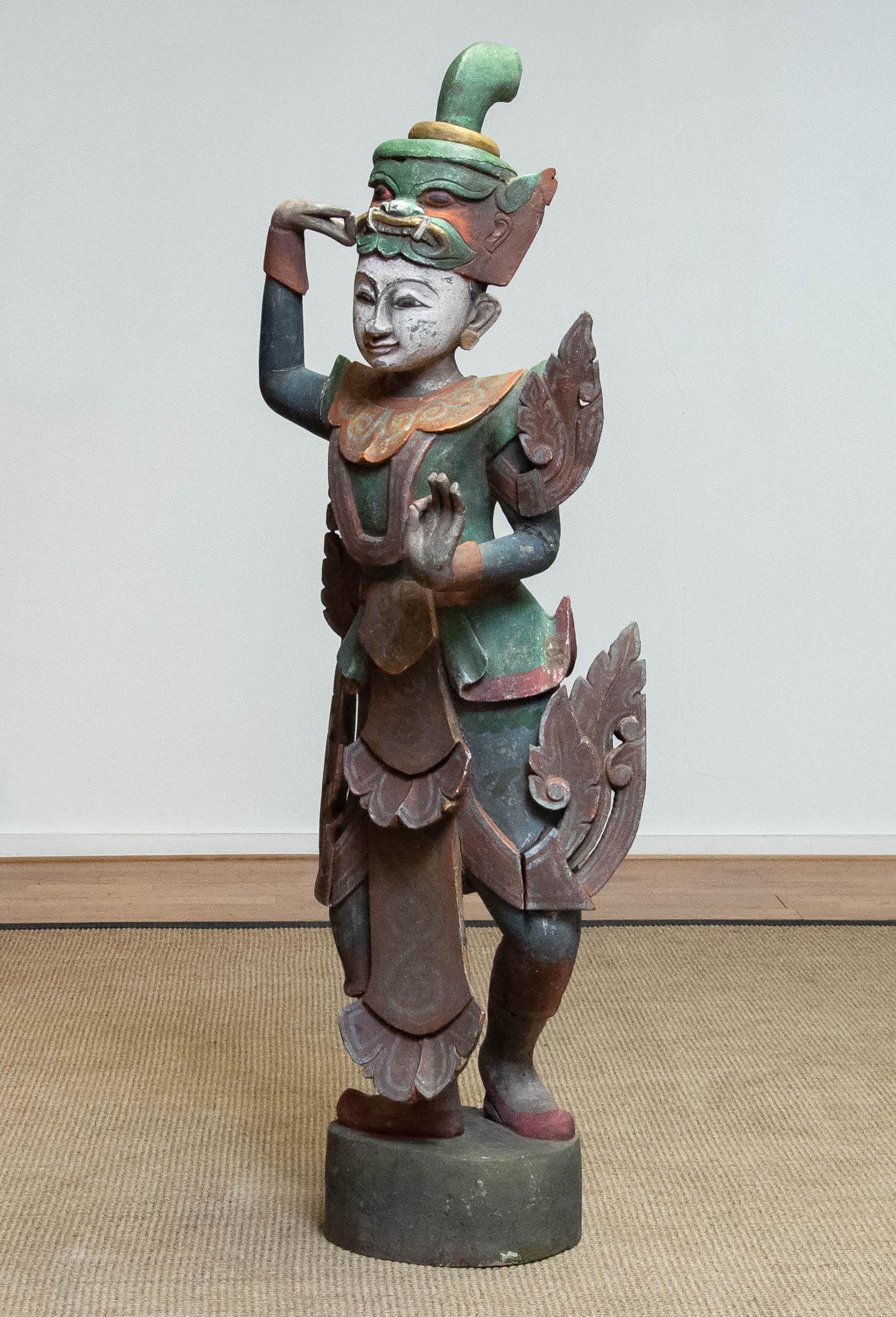 Large 19th Century Polychromed Statue of a Burmese Nat Temple Dancer For Sale 1