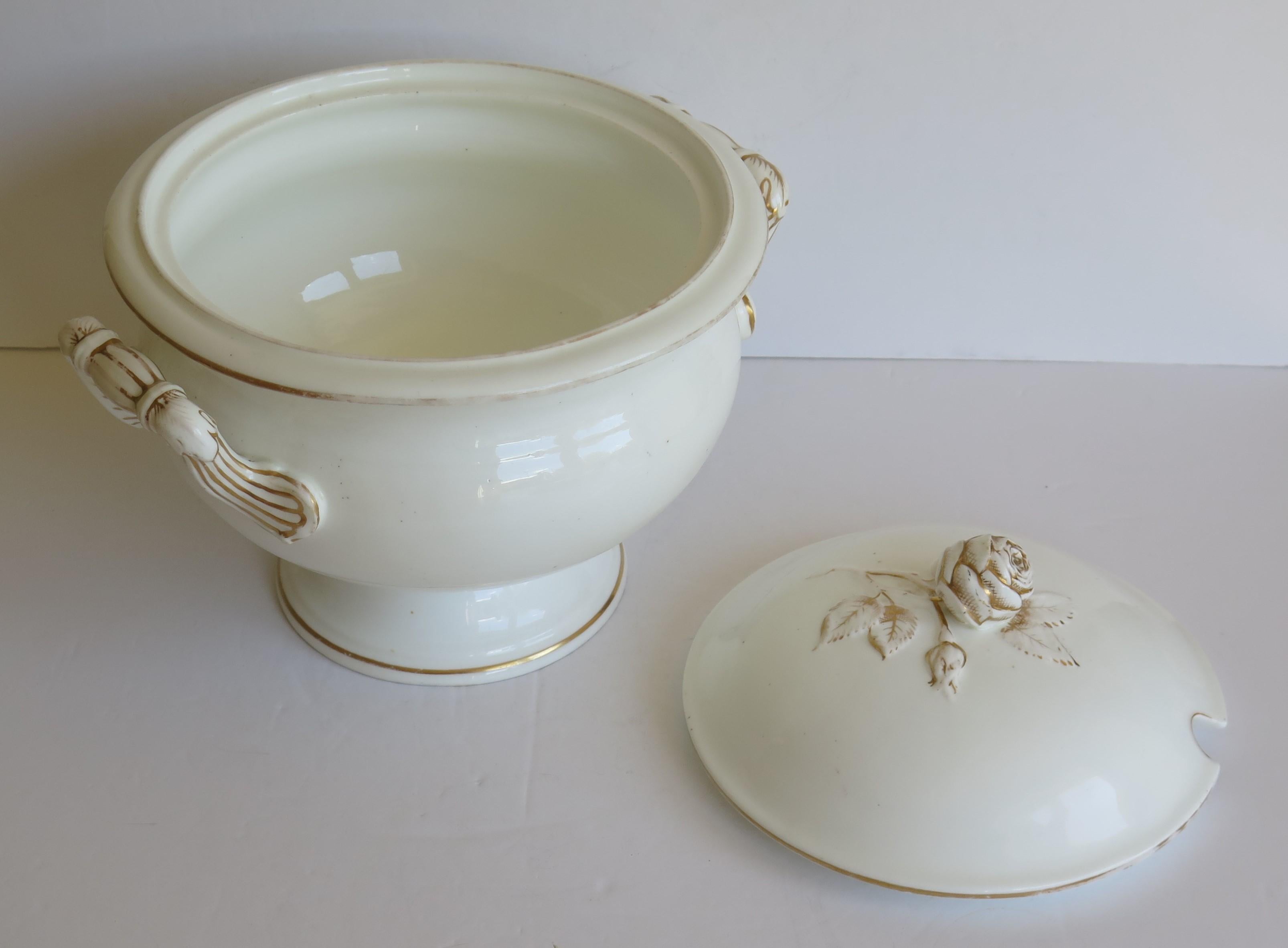 Large 19th Century Porcelain Tureen Gilded Moulded Handles & Rose Knop to Lid For Sale 5