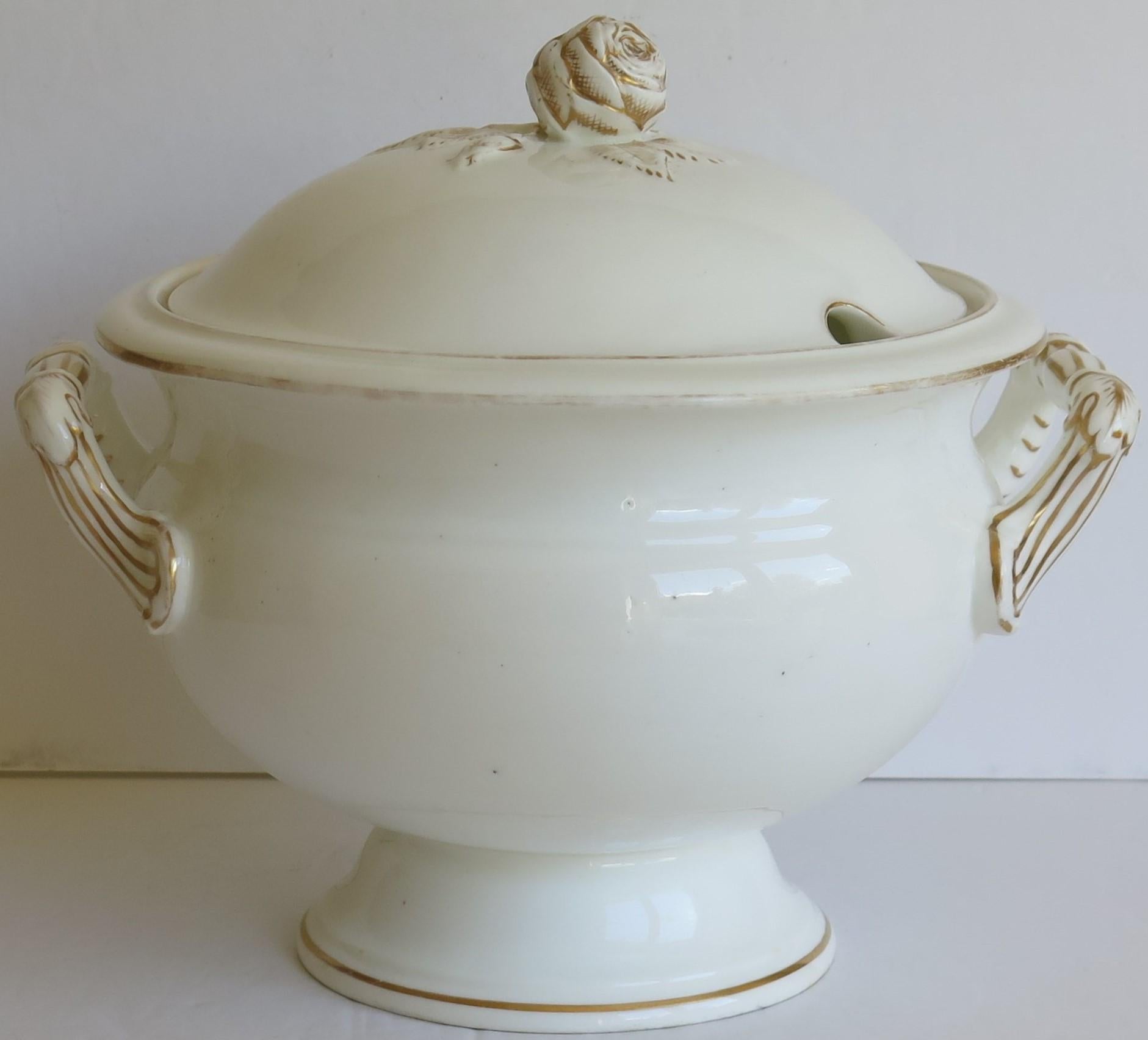 French Large 19th Century Porcelain Tureen Gilded Moulded Handles & Rose Knop to Lid For Sale