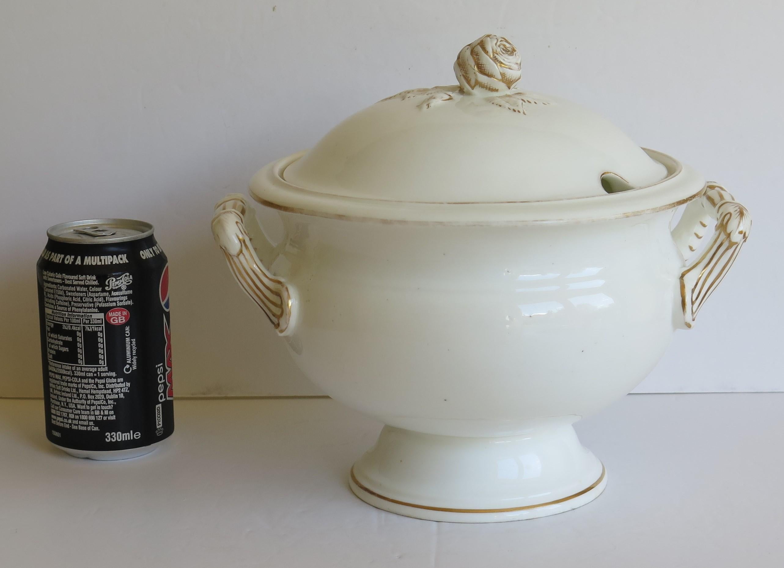 Large 19th Century Porcelain Tureen Gilded Moulded Handles & Rose Knop to Lid For Sale 15