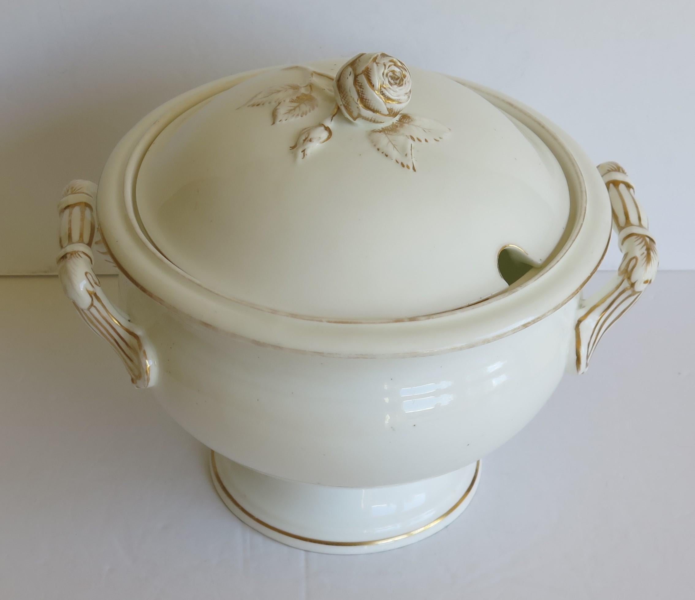 Hand-Painted Large 19th Century Porcelain Tureen Gilded Moulded Handles & Rose Knop to Lid For Sale