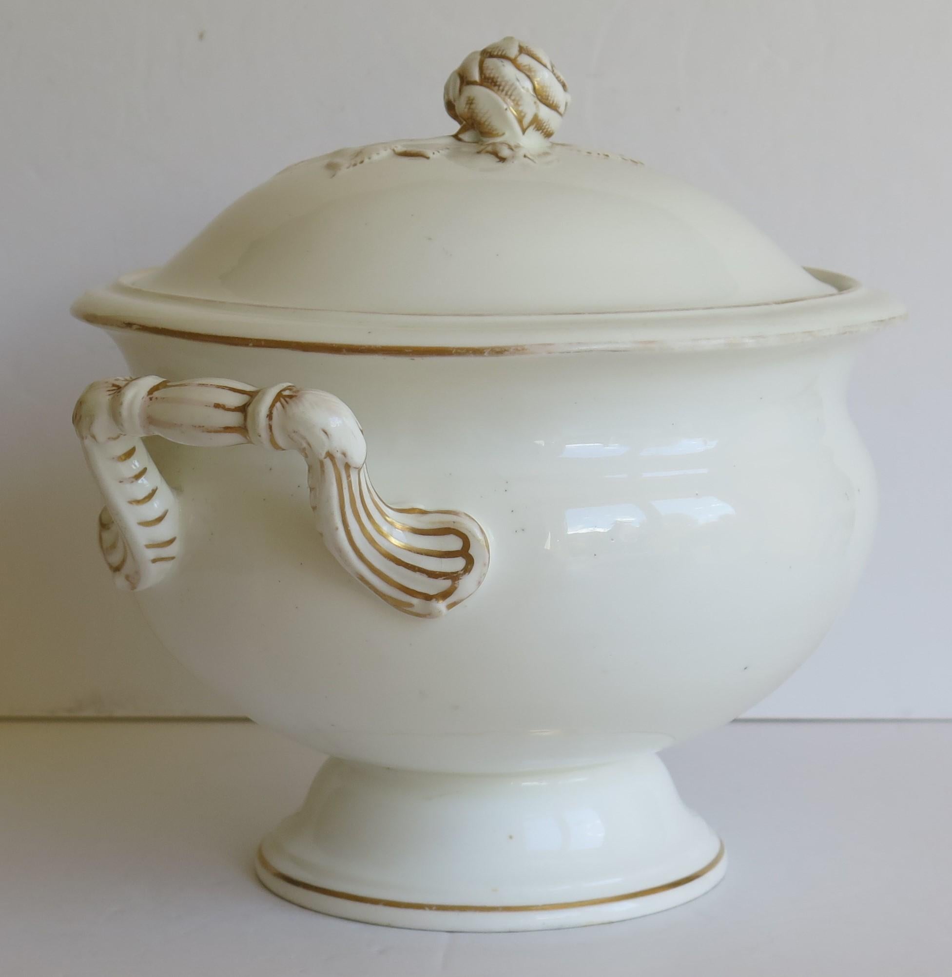 Large 19th Century Porcelain Tureen Gilded Moulded Handles & Rose Knop to Lid For Sale 3
