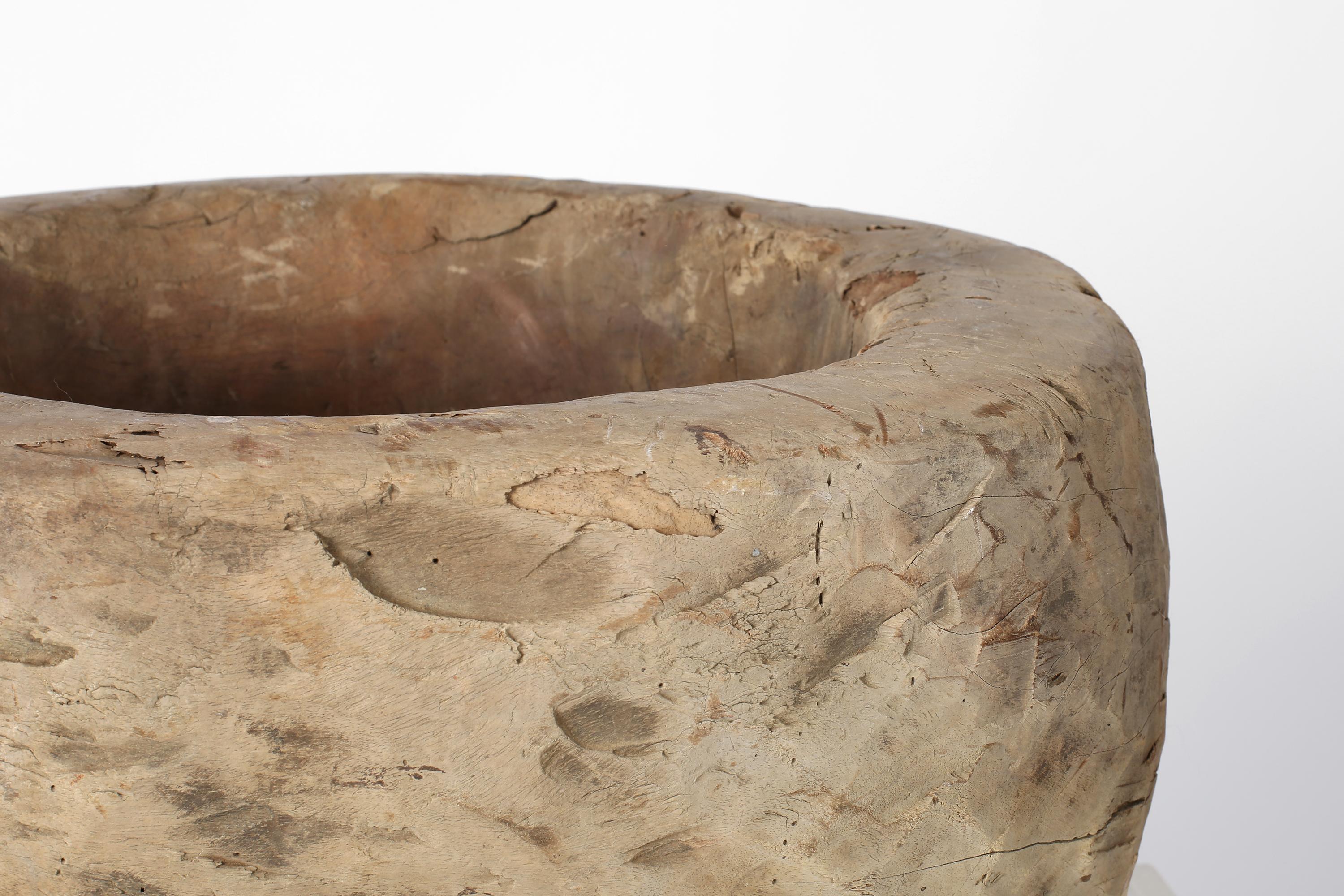 Large 19th Century Primitive Wabi Sabi French Chestnut Mortar For Sale 8