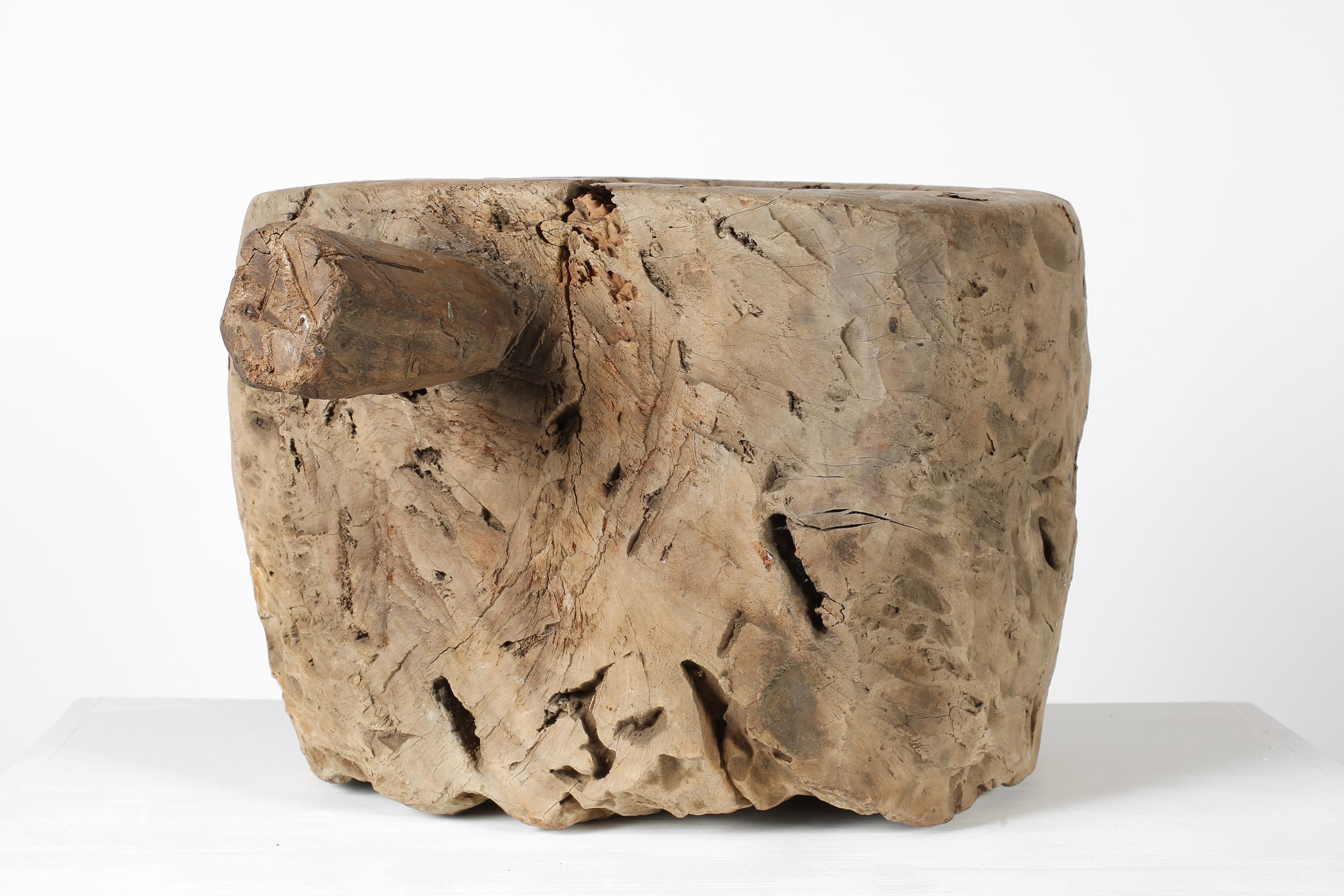 Large 19th Century Primitive Wabi Sabi French Chestnut Mortar For Sale 5