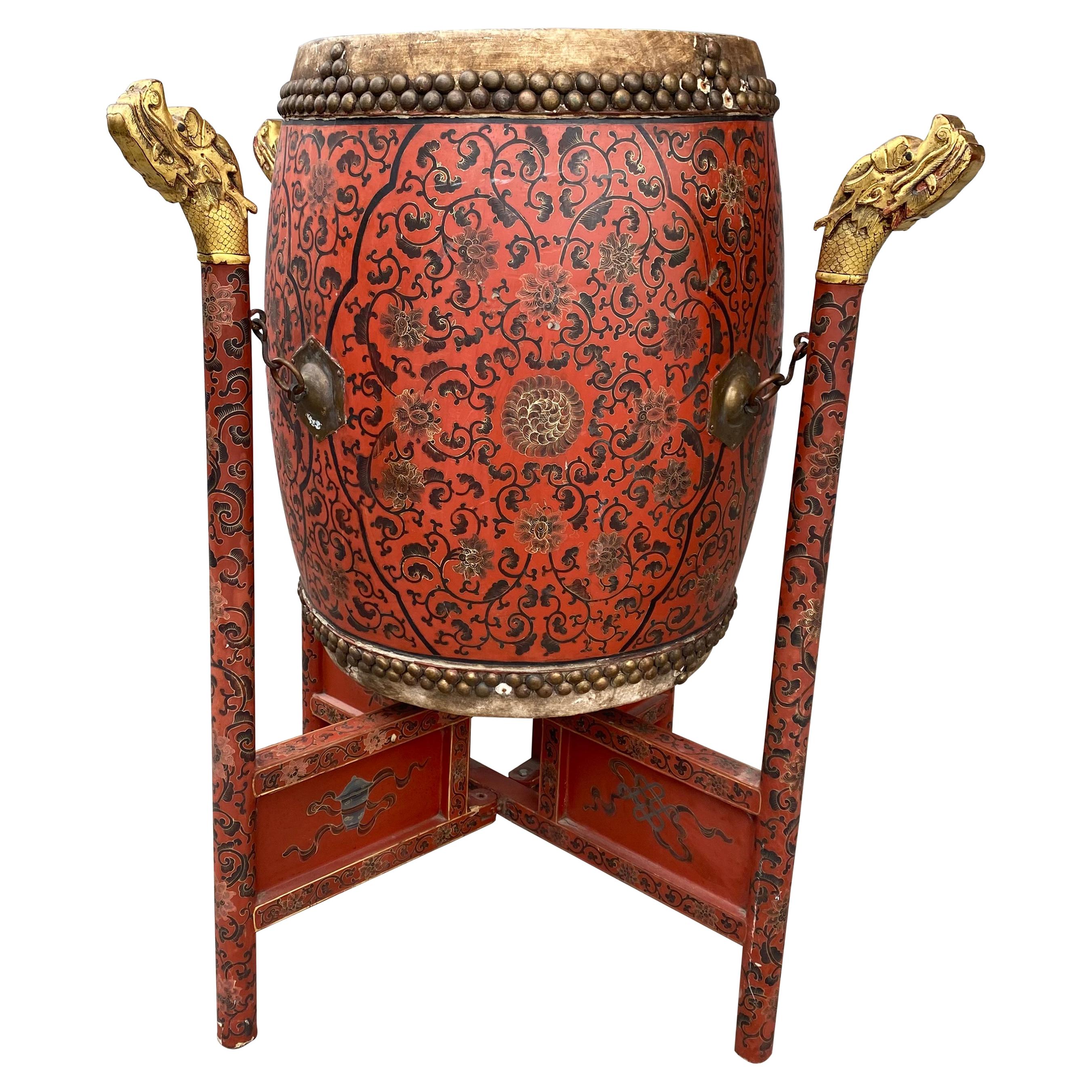 Large 19th Century Qing Dynasty Chinese Ceremonial Lacquered Drum, Dragon Stand