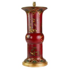 Large 19th Century Red Berlinware Chinoiserie Antique Table Lamp