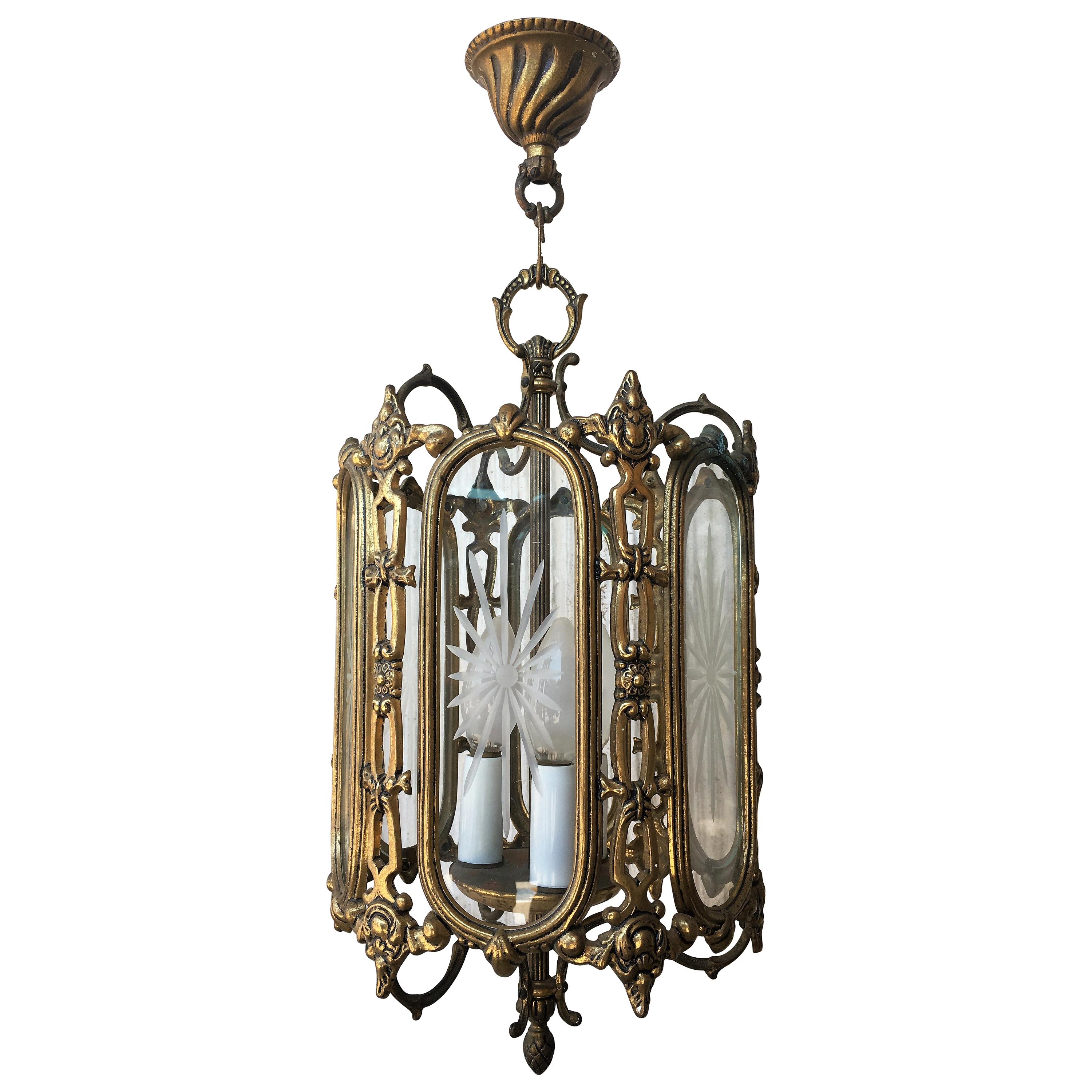 Large 19th Century Regency Style Bronze and Cut-Glass Lantern
