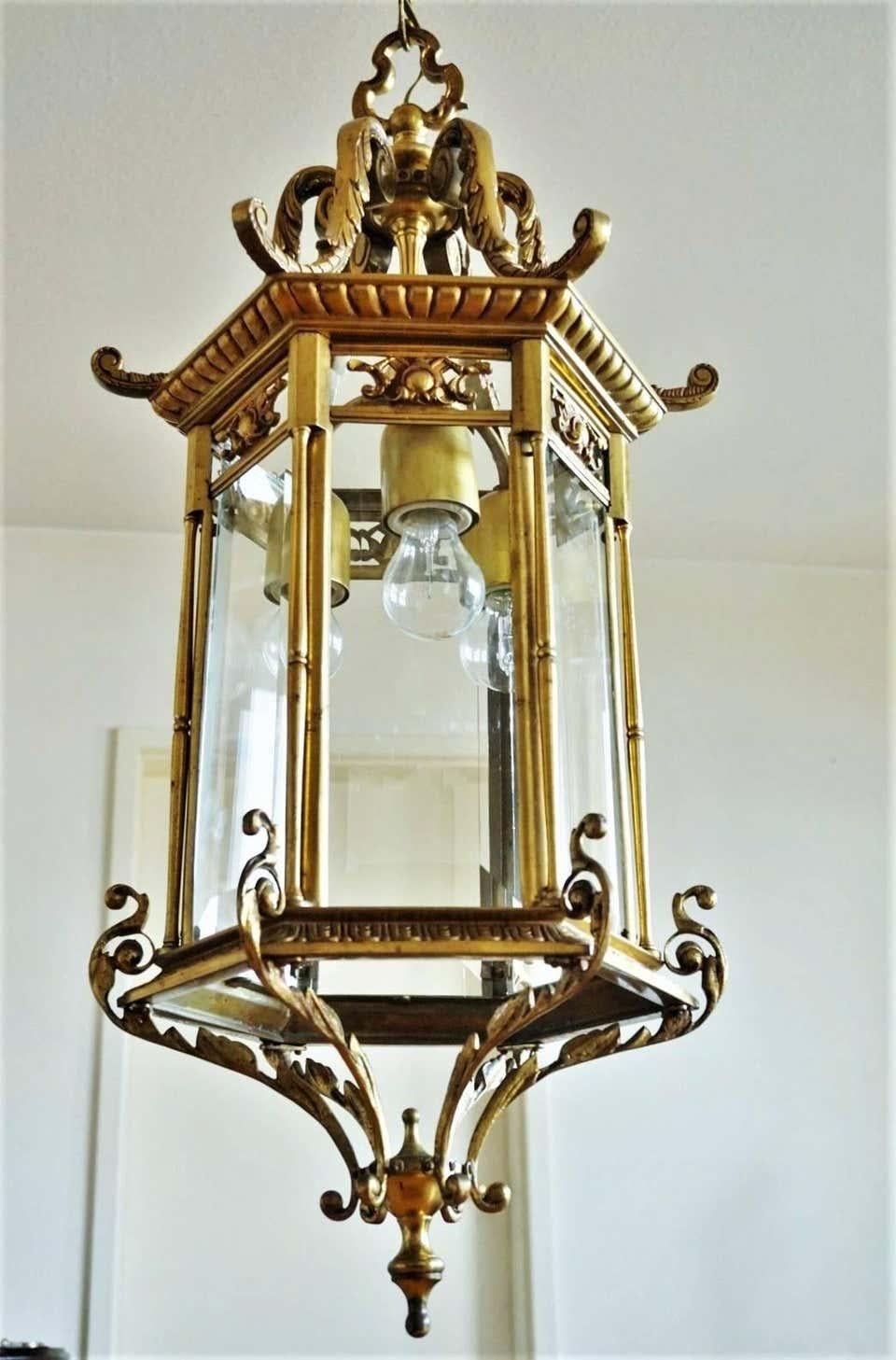 French Large 19th Century Regency Style Bronze and Faceted Glass Lantern