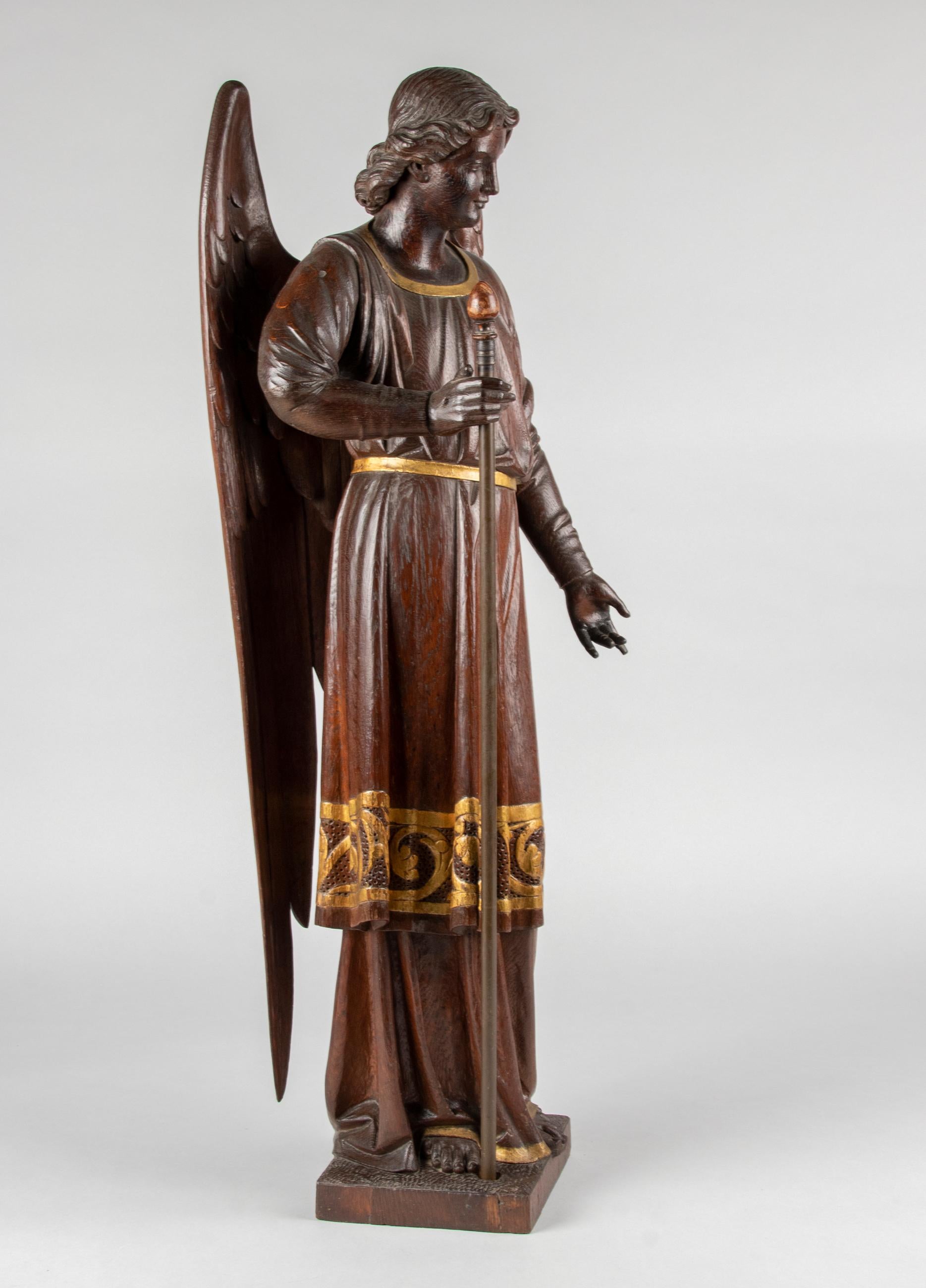 Beautiful antique wooden religious statue.
It is a representation of angel Gabriel.
The statue is beautifully designed, with refined wood carvings and a modest appearance. Gabriel's clothes have nice gilded decorations. Gabriel is one of the arch