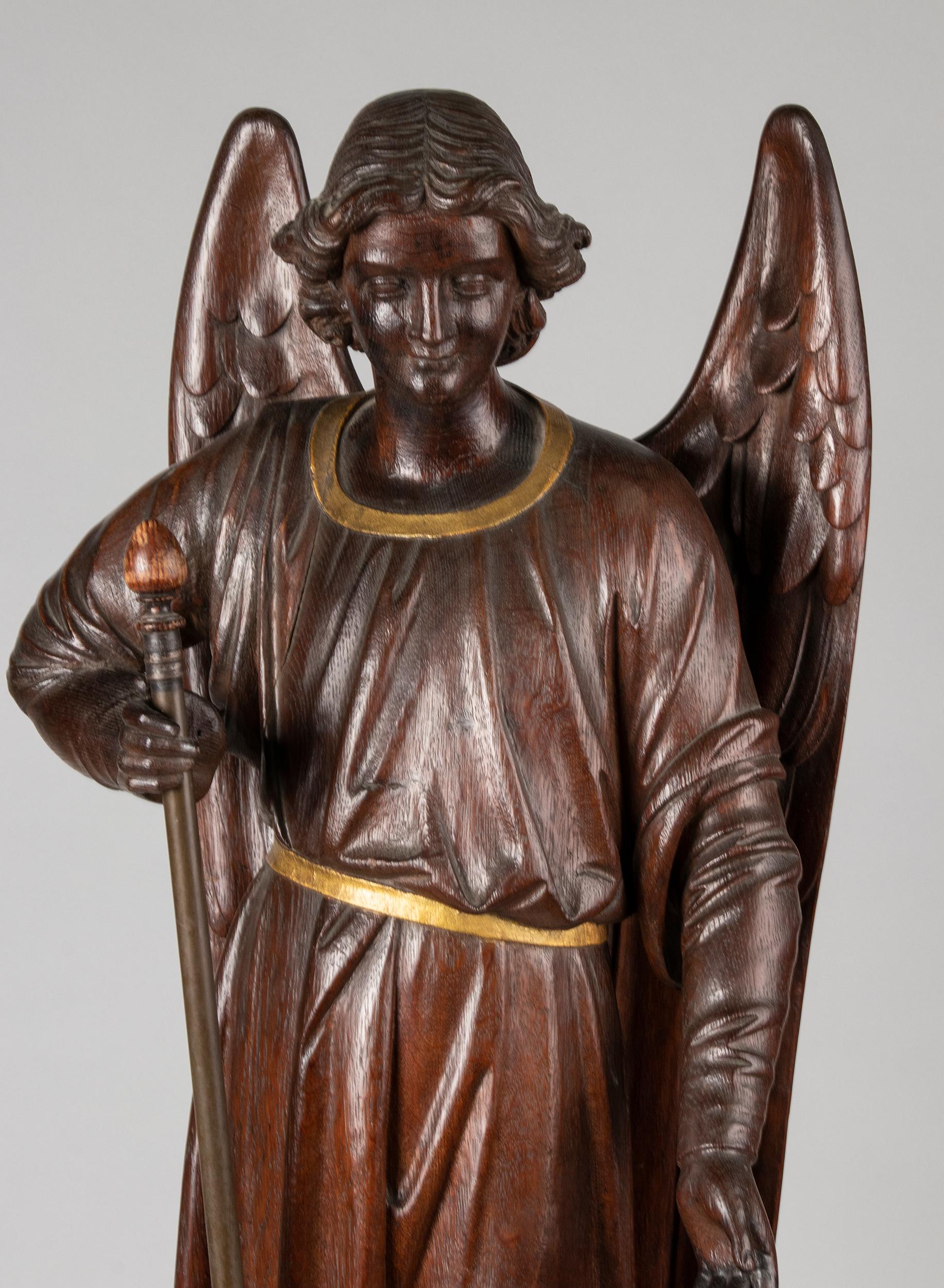 French Large 19th Century Religious Oak Sculpture of Angel Gabriel