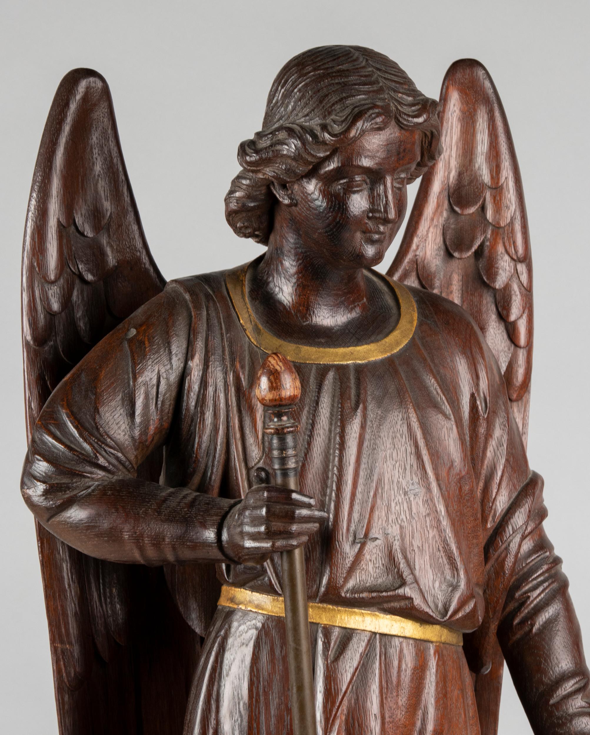 Hand-Carved Large 19th Century Religious Oak Sculpture of Angel Gabriel