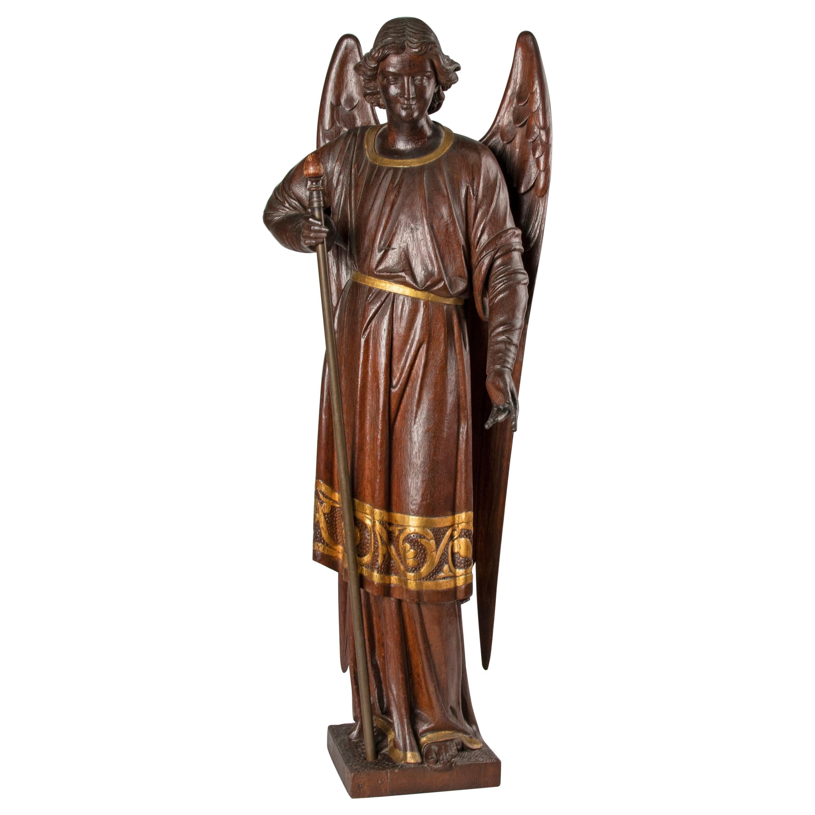 Large 19th Century Religious Oak Sculpture of Angel Gabriel