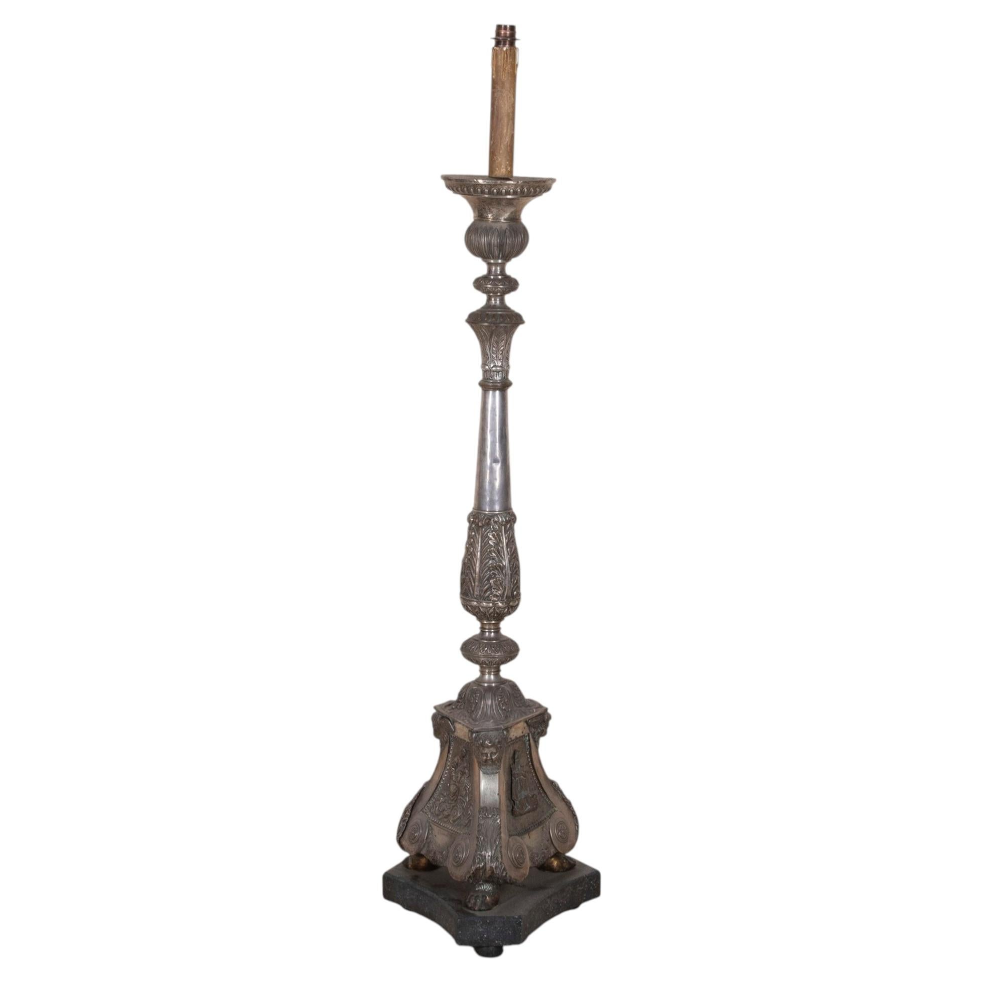 Large 19th Century Repoussé White Metal Altar Candlestick, Converted to a Lamp For Sale