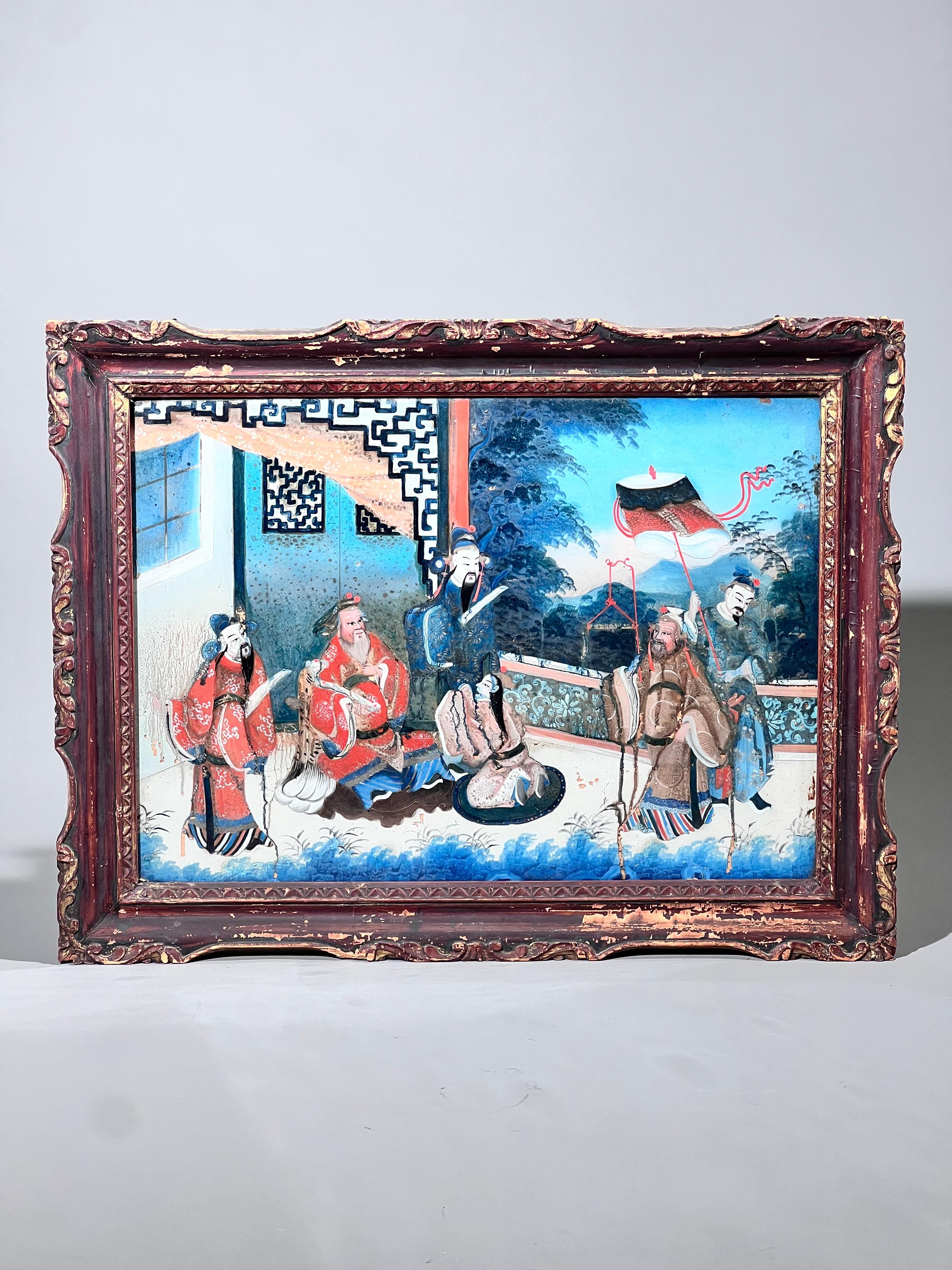 Large 19th Century Reverse Glass Painting in Its Original Frame For Sale 9