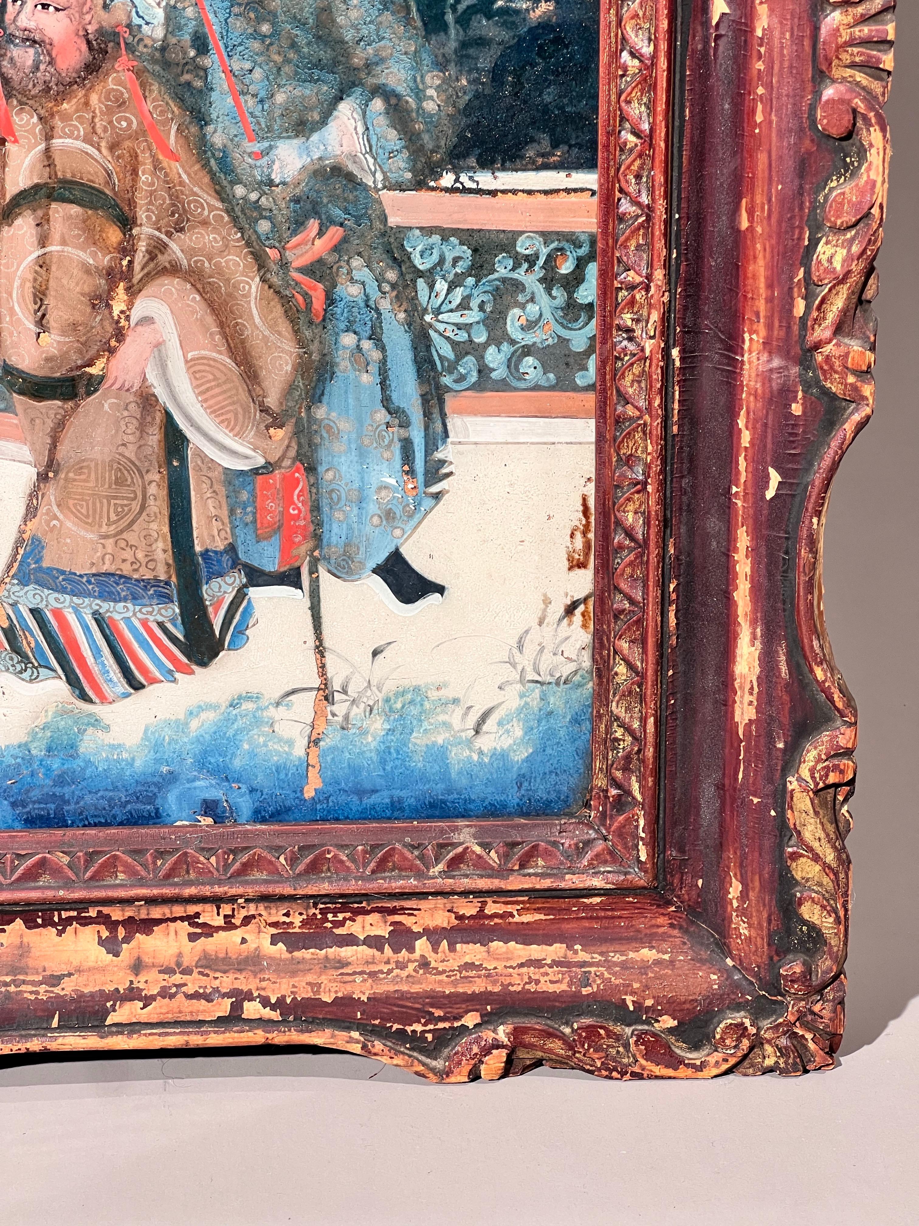 Chinese Large 19th Century Reverse Glass Painting in Its Original Frame For Sale