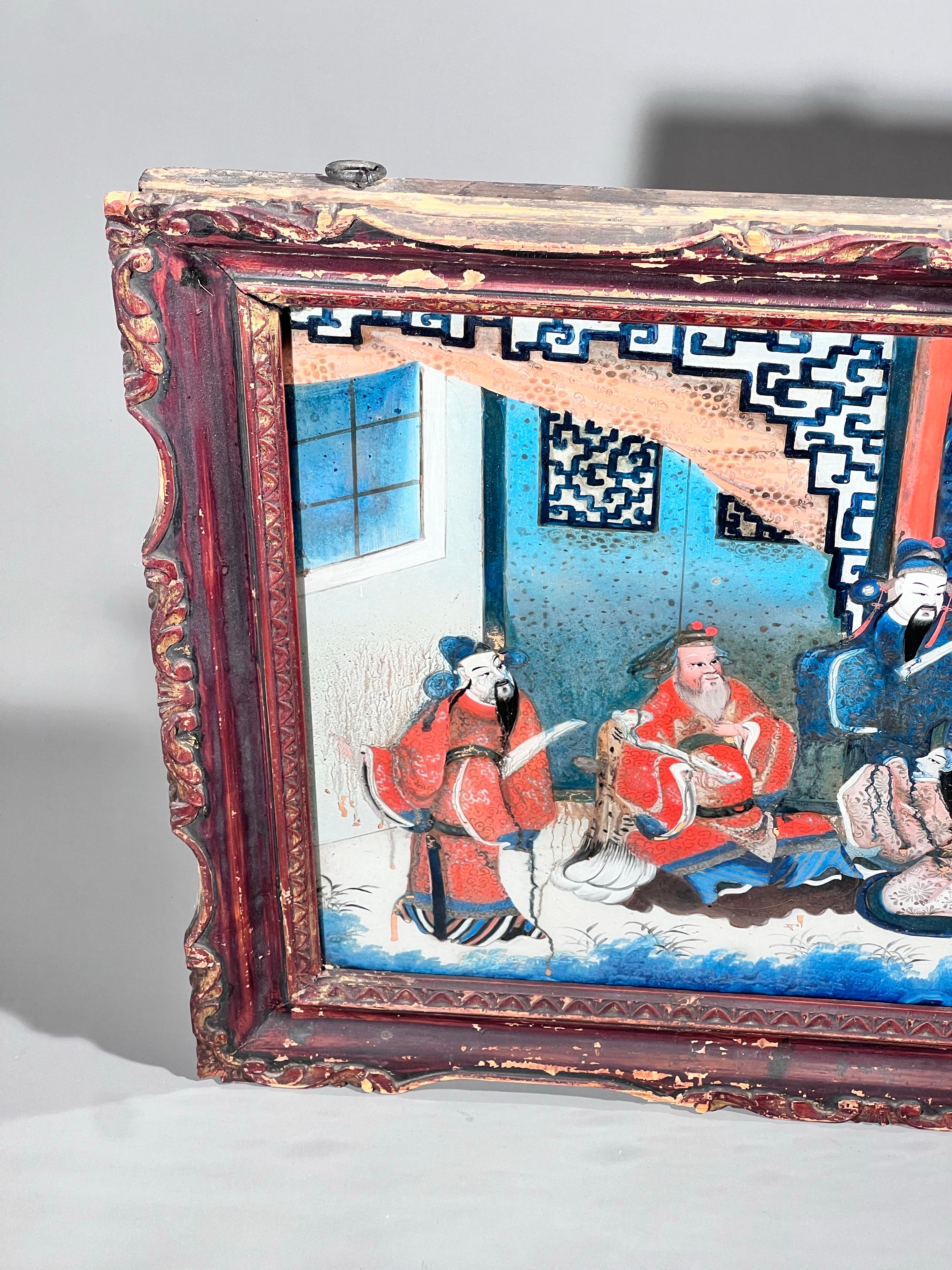 Hand-Painted Large 19th Century Reverse Glass Painting in Its Original Frame For Sale