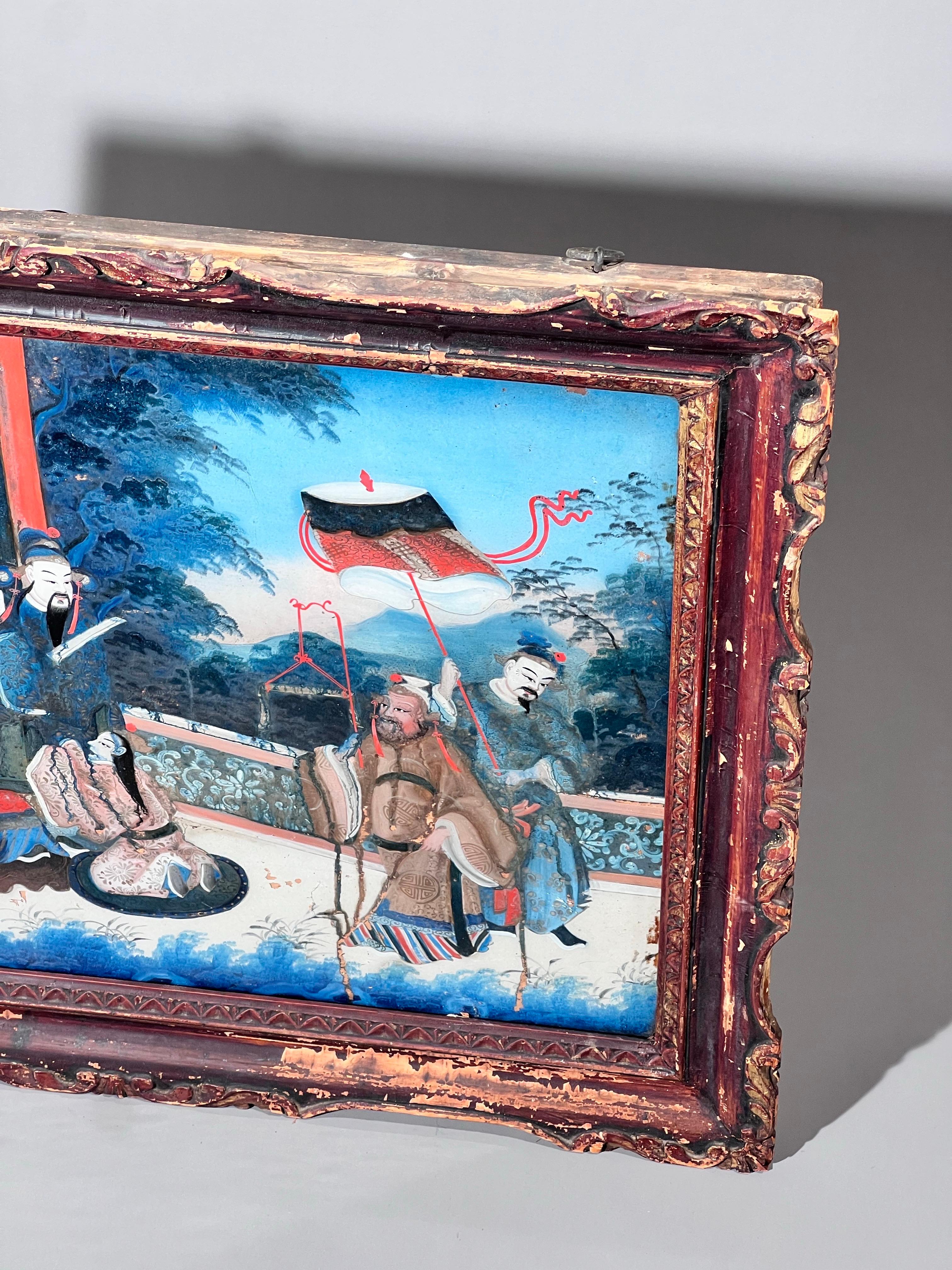 Large 19th Century Reverse Glass Painting in Its Original Frame In Good Condition For Sale In Richmond, London