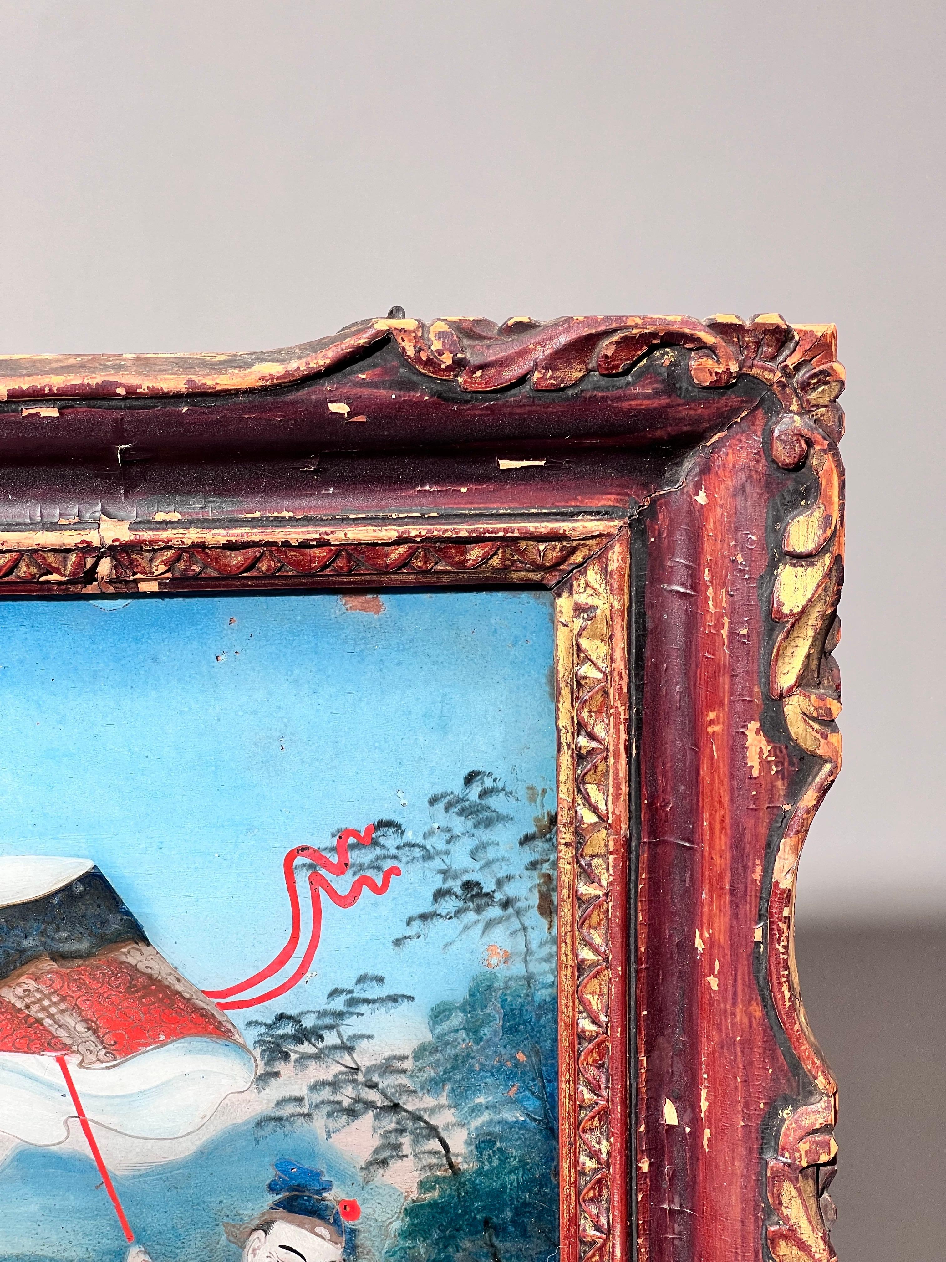 Large 19th Century Reverse Glass Painting in Its Original Frame For Sale 1