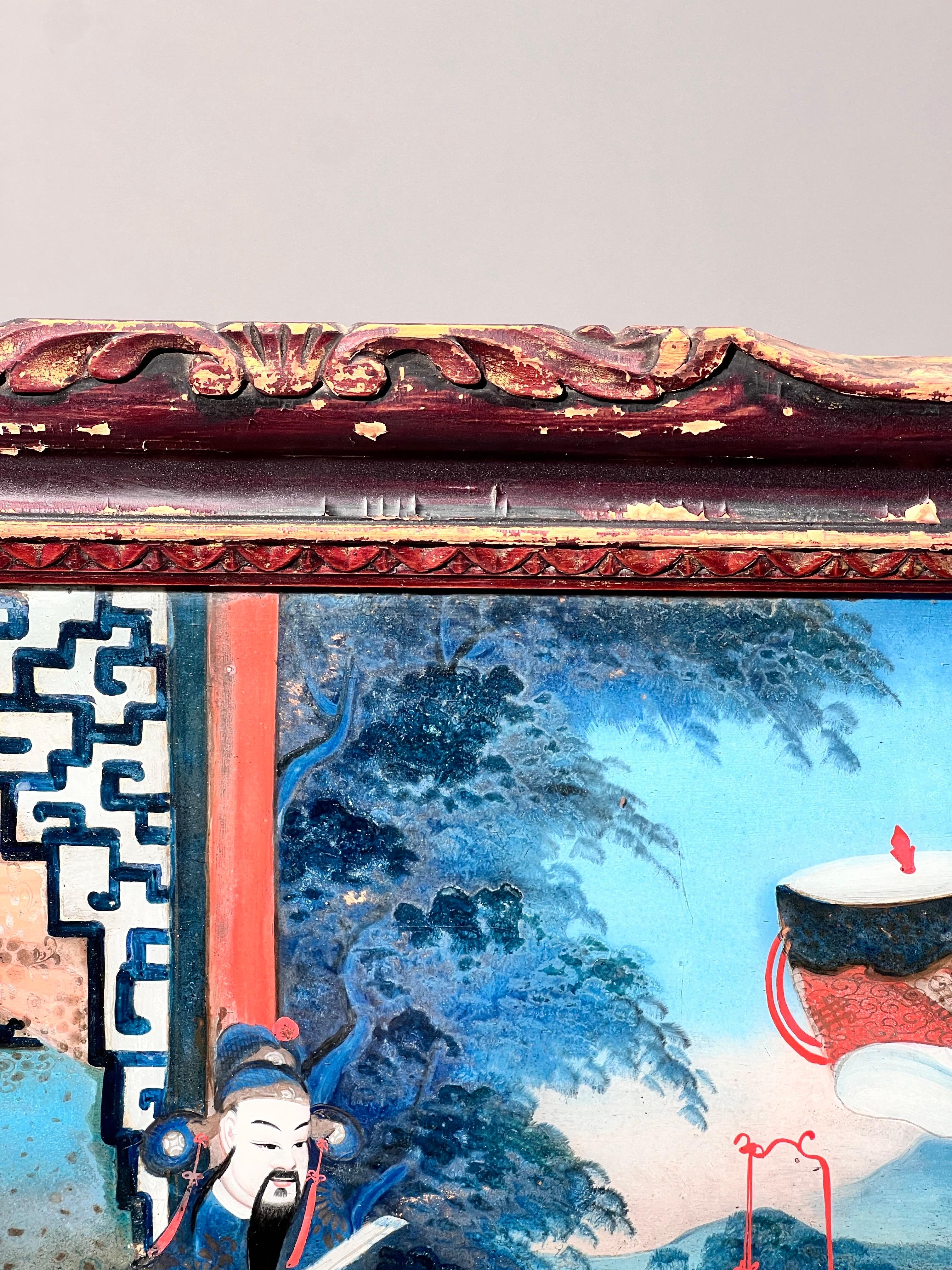 Large 19th Century Reverse Glass Painting in Its Original Frame For Sale 3