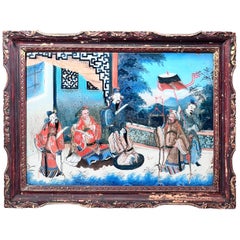 Large 19th Century Reverse Glass Painting in Its Original Frame